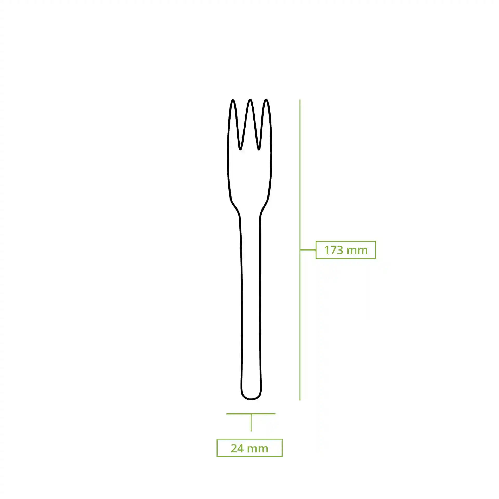 Schematische tekening van een houten spaand vork met afmetingen van 173 mm lengte en 24 mm breedte.