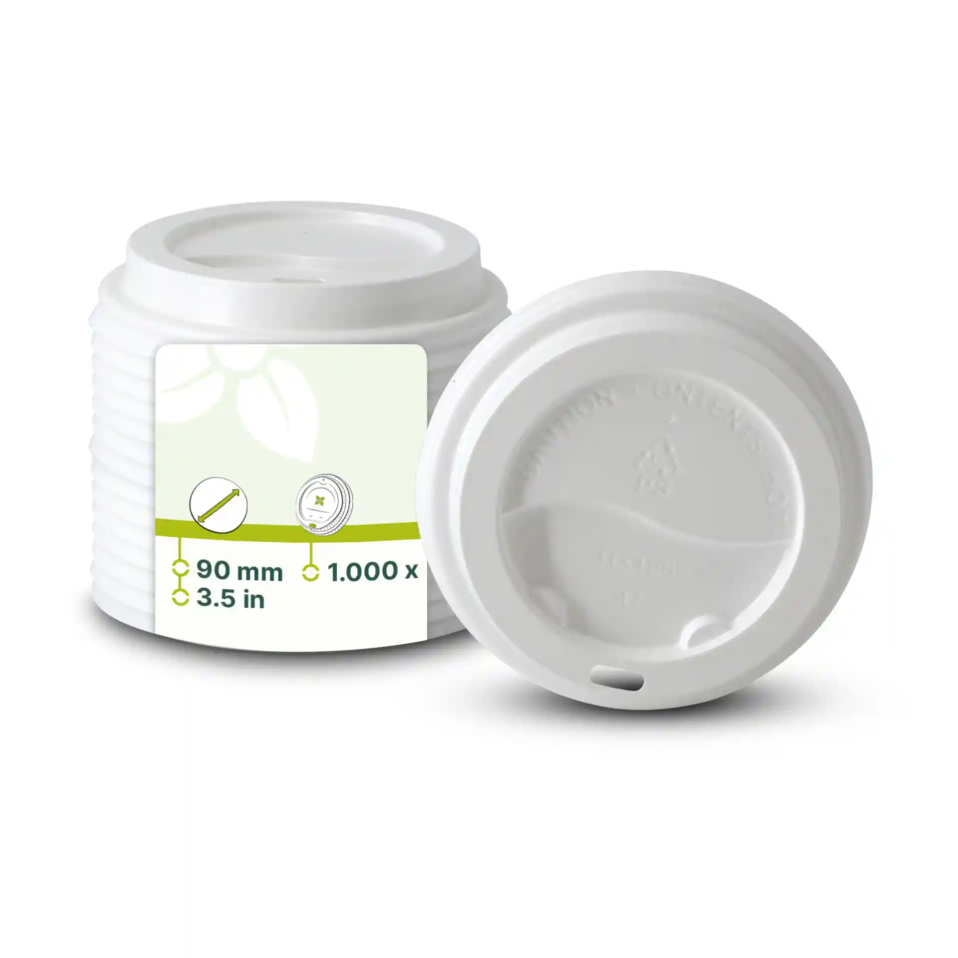 Witte ronde PS-deksel met een diameter van 90 mm en een drinkopening, getoond met een label en een ander deksel ernaast.