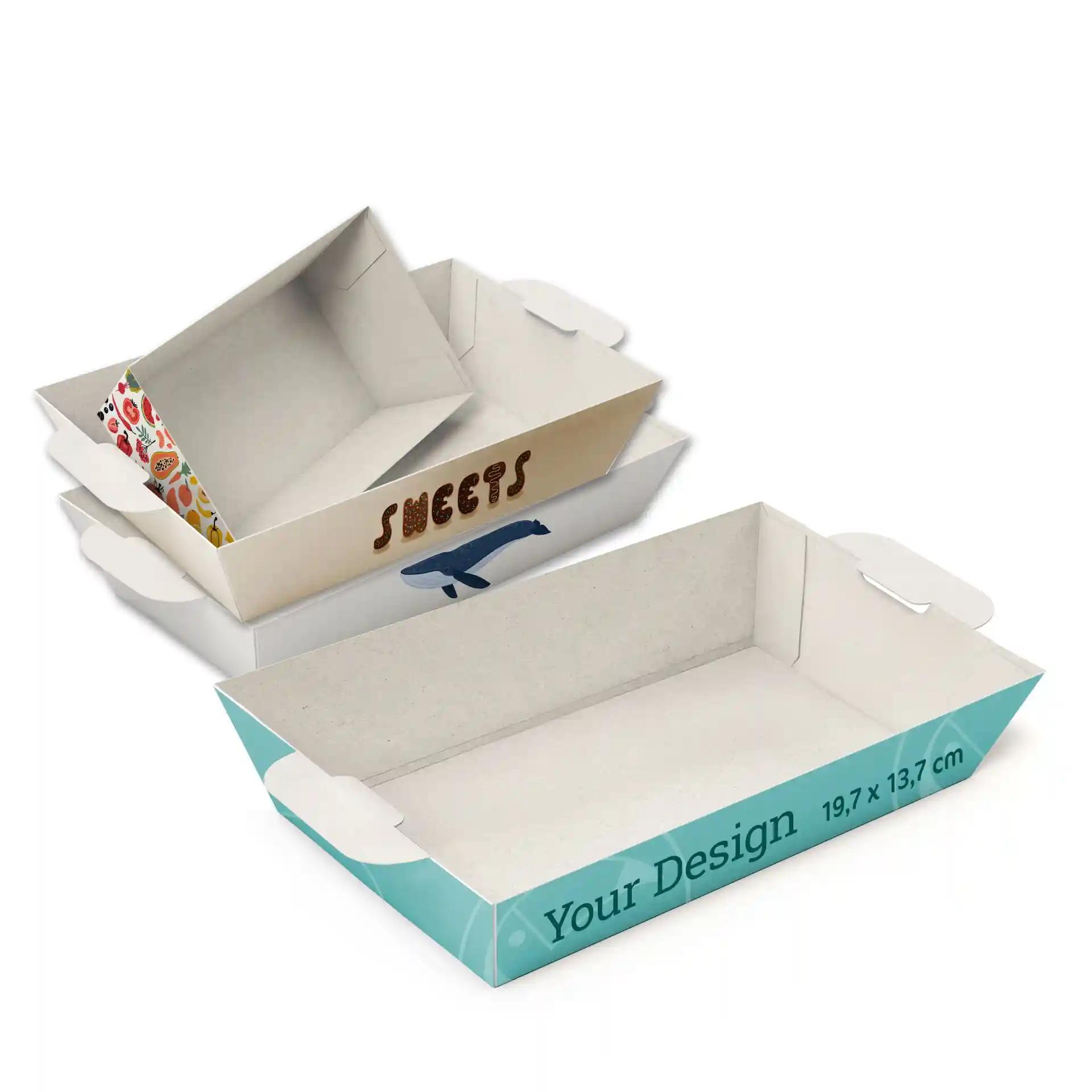 Rechthoekige witte snackplanken met verschillende ontwerpen, 19,7 x 13,7 cm, gestapeld met één gedeeltelijk zichtbaar.