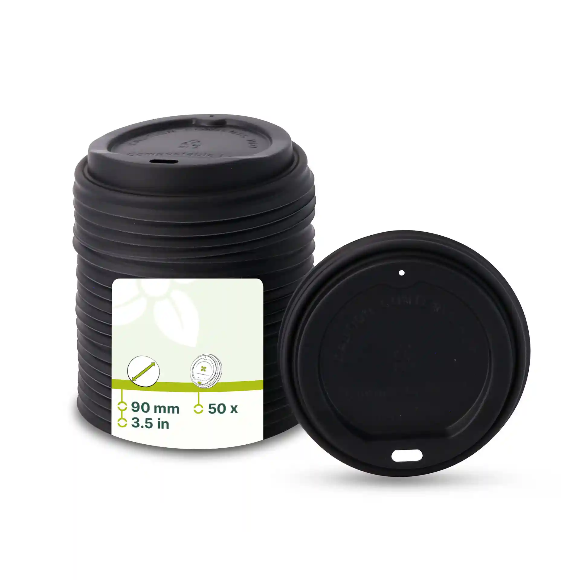 Zwarte CPLA-deksel met drinkopening, 90 mm diameter, gestapeld met één deksel apart getoond.