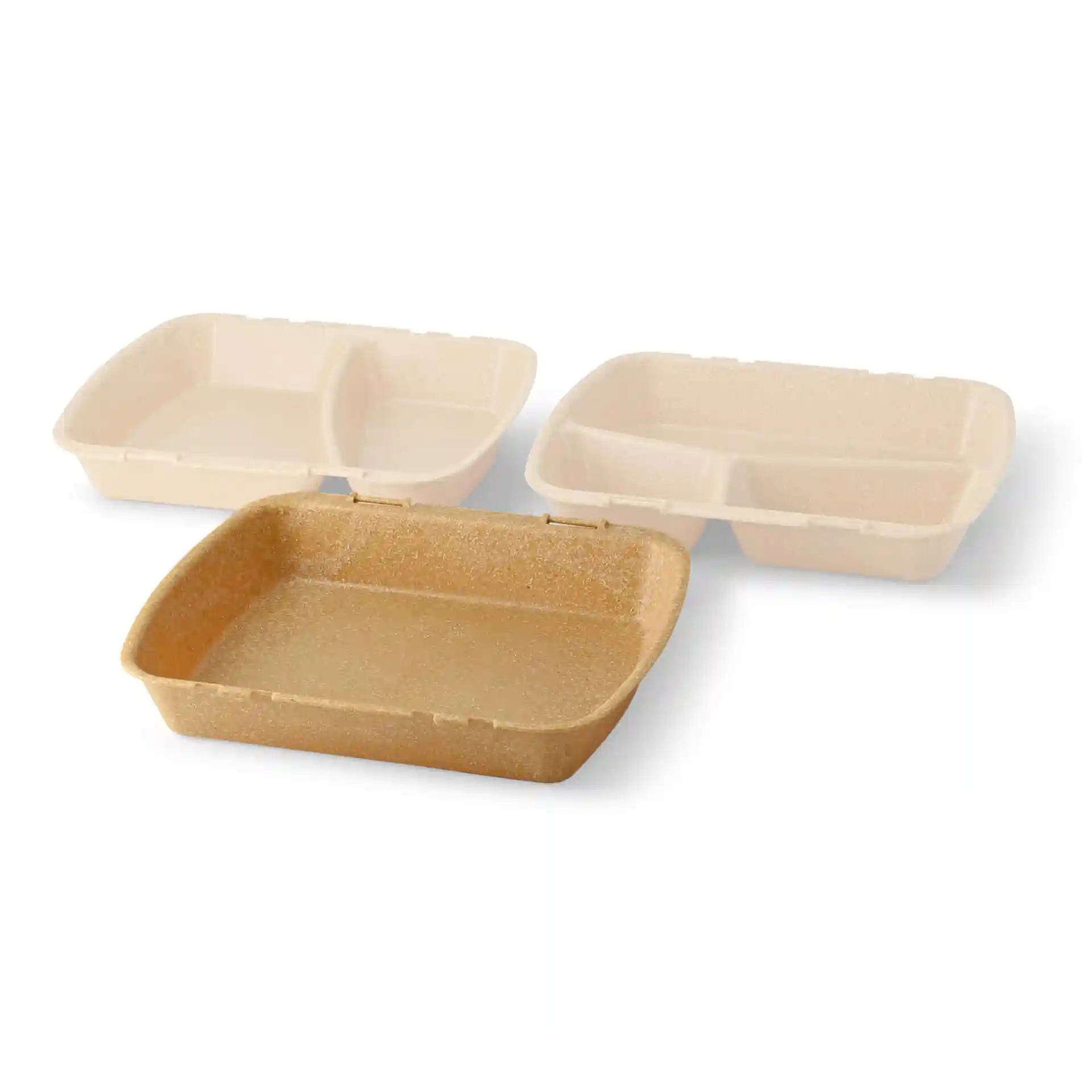 Drie herbruikbare bruine menucontainers met verschillende compartimenten, gemaakt van bio-composietmateriaal.