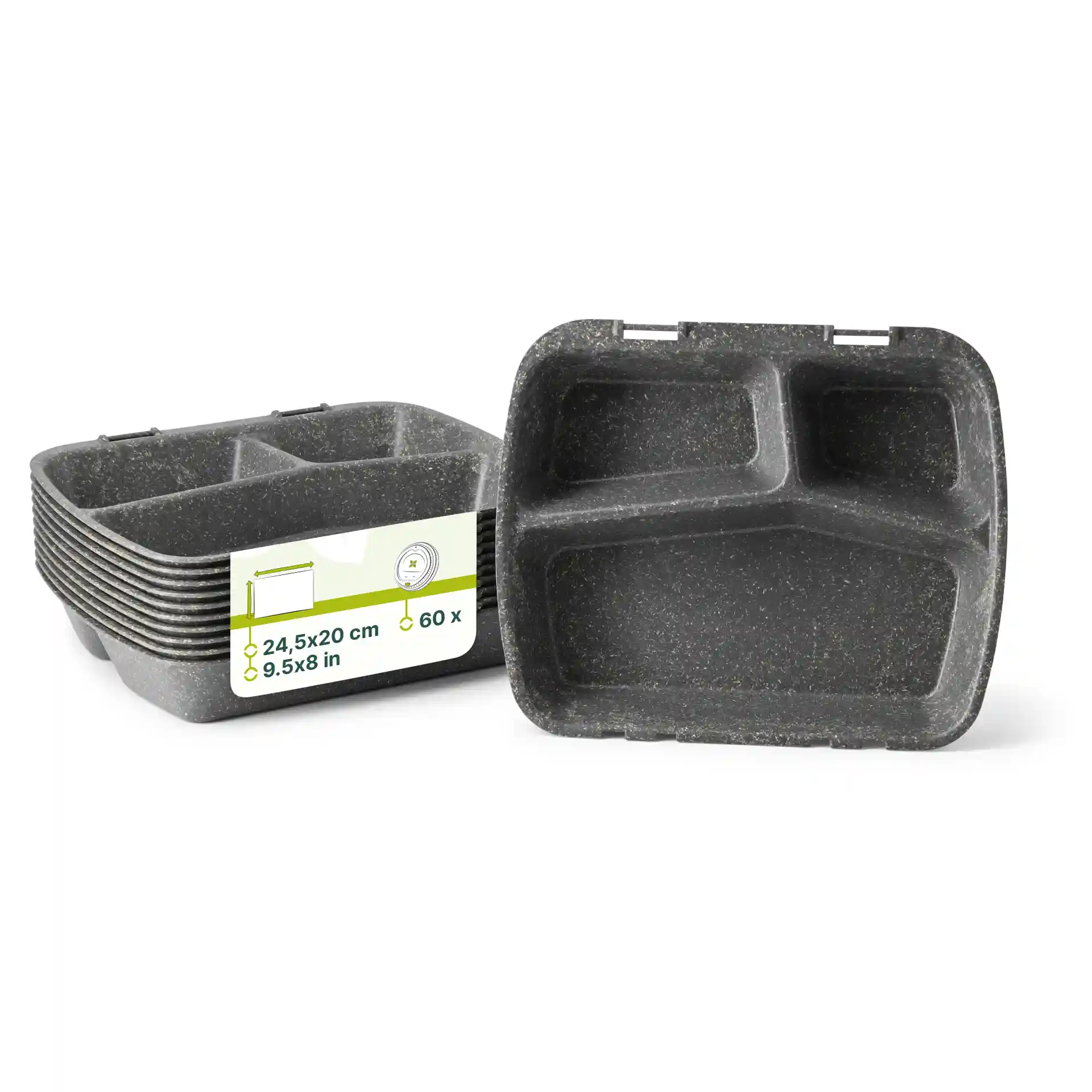 Herbruikbare grijze maaltijdcontainer met drie compartimenten, 24,5 x 20 cm, getoond met een label.