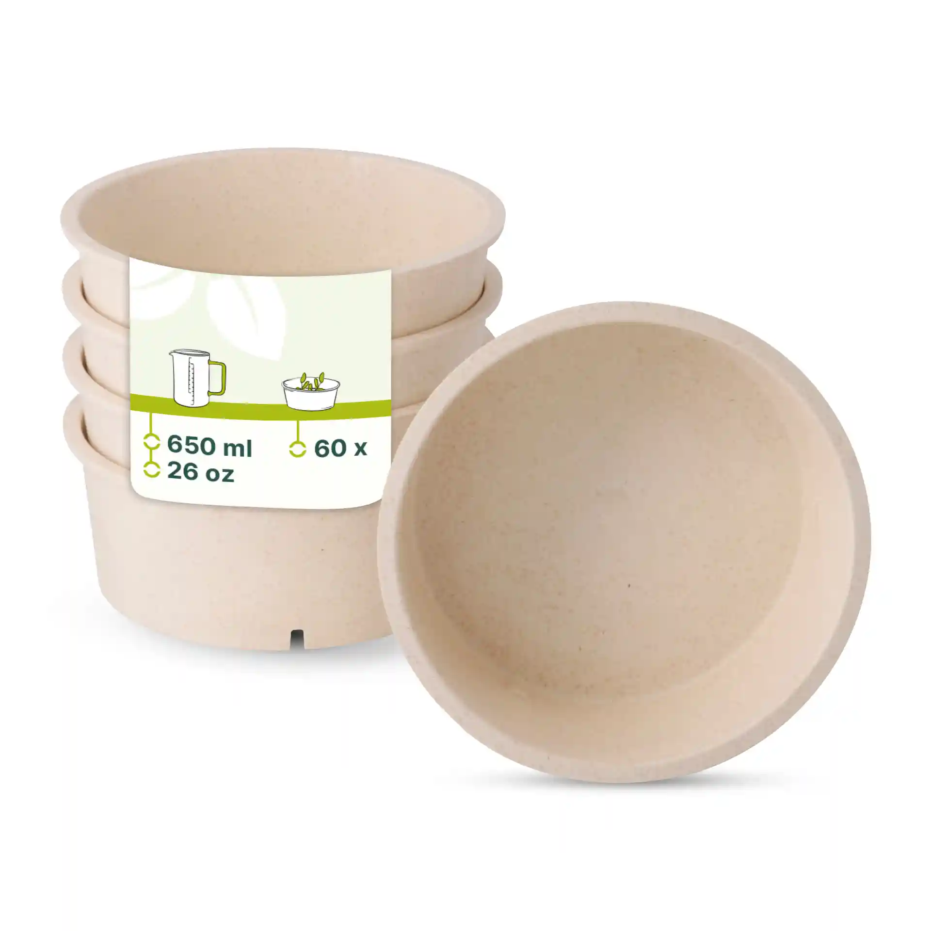 Set van vier crème-witte herbruikbare kommen, 650 ml capaciteit, ronde vorm, met een label met illustraties en maten.