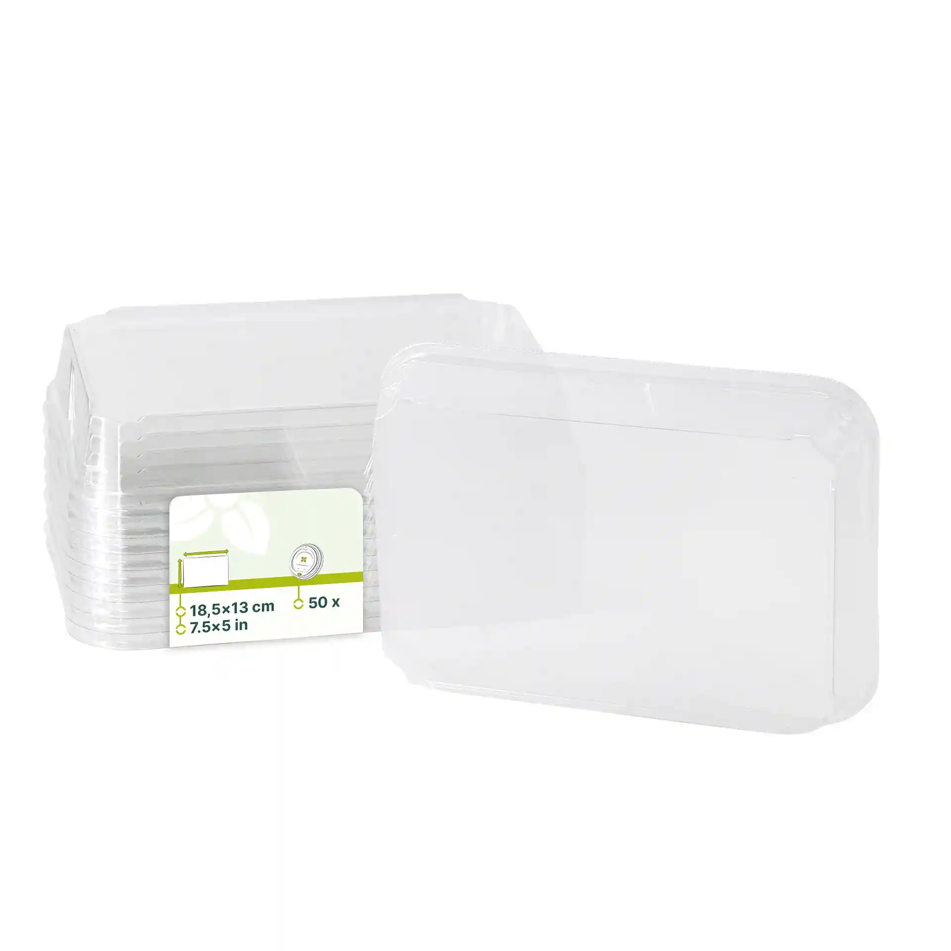 Transparante PET-deksels voor sushi-dozen, 18,5 x 13 cm, gestapeld met een zichtbaar etiket.