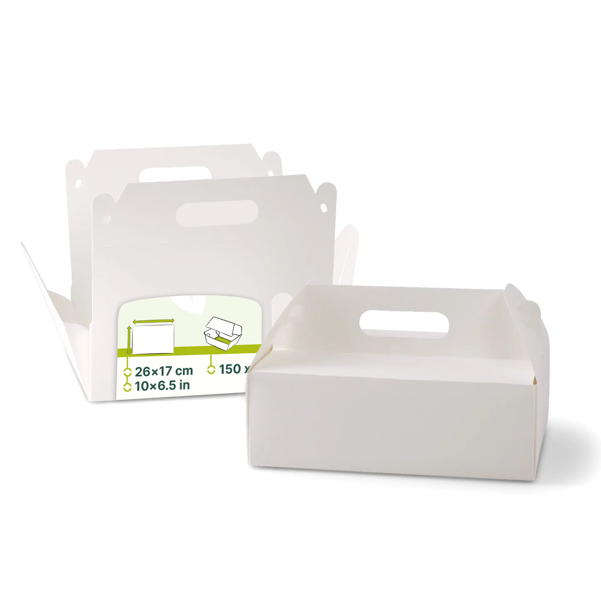 Kartonnen taartdoos met handvat L, 26 x 17 x 9 cm, wit, opvouwbaar