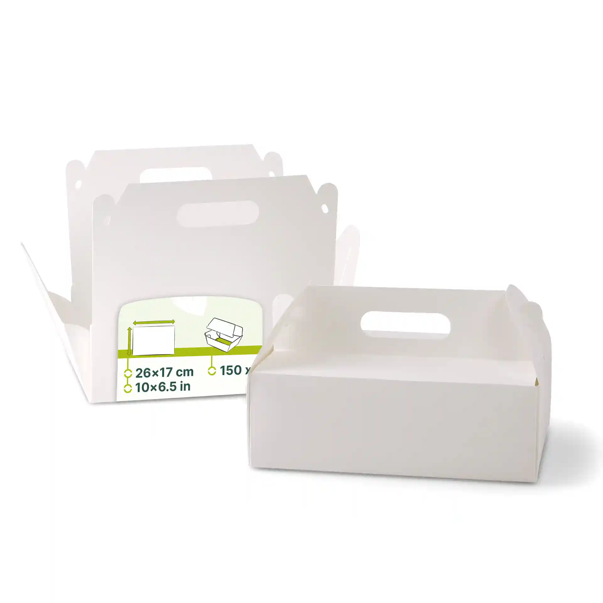 Witte kartonnen taartdozen met handvatten, rechthoekige vorm, afmetingen 26 x 17 x 9 cm, twee dozen getoond.