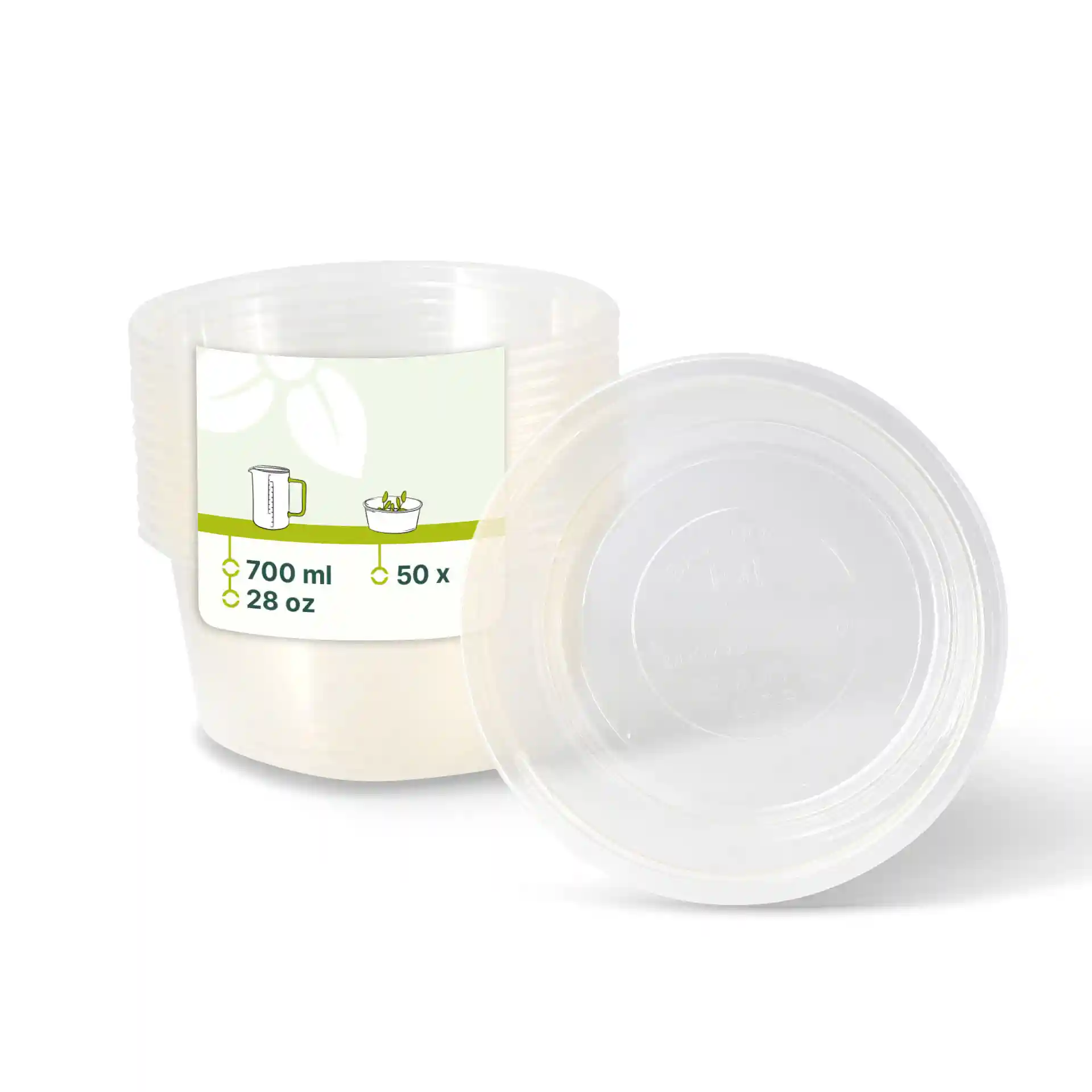 Transparante ronde deli-container met een inhoud van 700 ml, getoond met een label voor 50 eenheden.