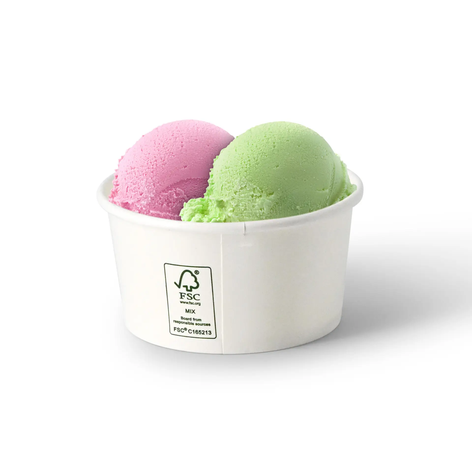 Ronde witte papieren ijsbekers met roze en groene ijsbolletjes.