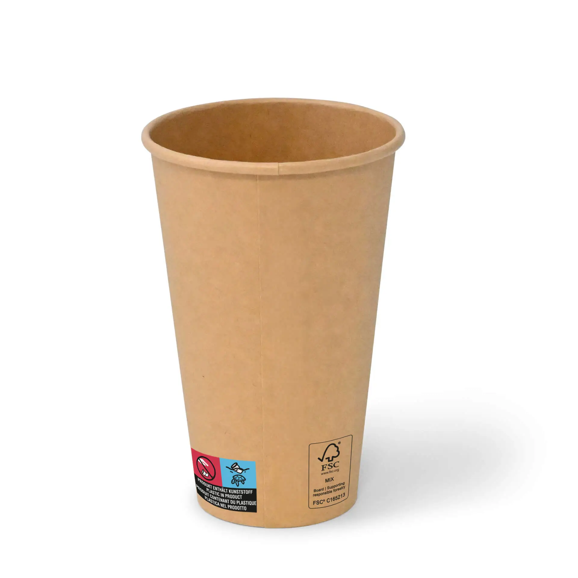Een bruine papieren beker van 16 oz met PE-coating; heeft een verticale label met aanduidingen voor materialen en recycling.