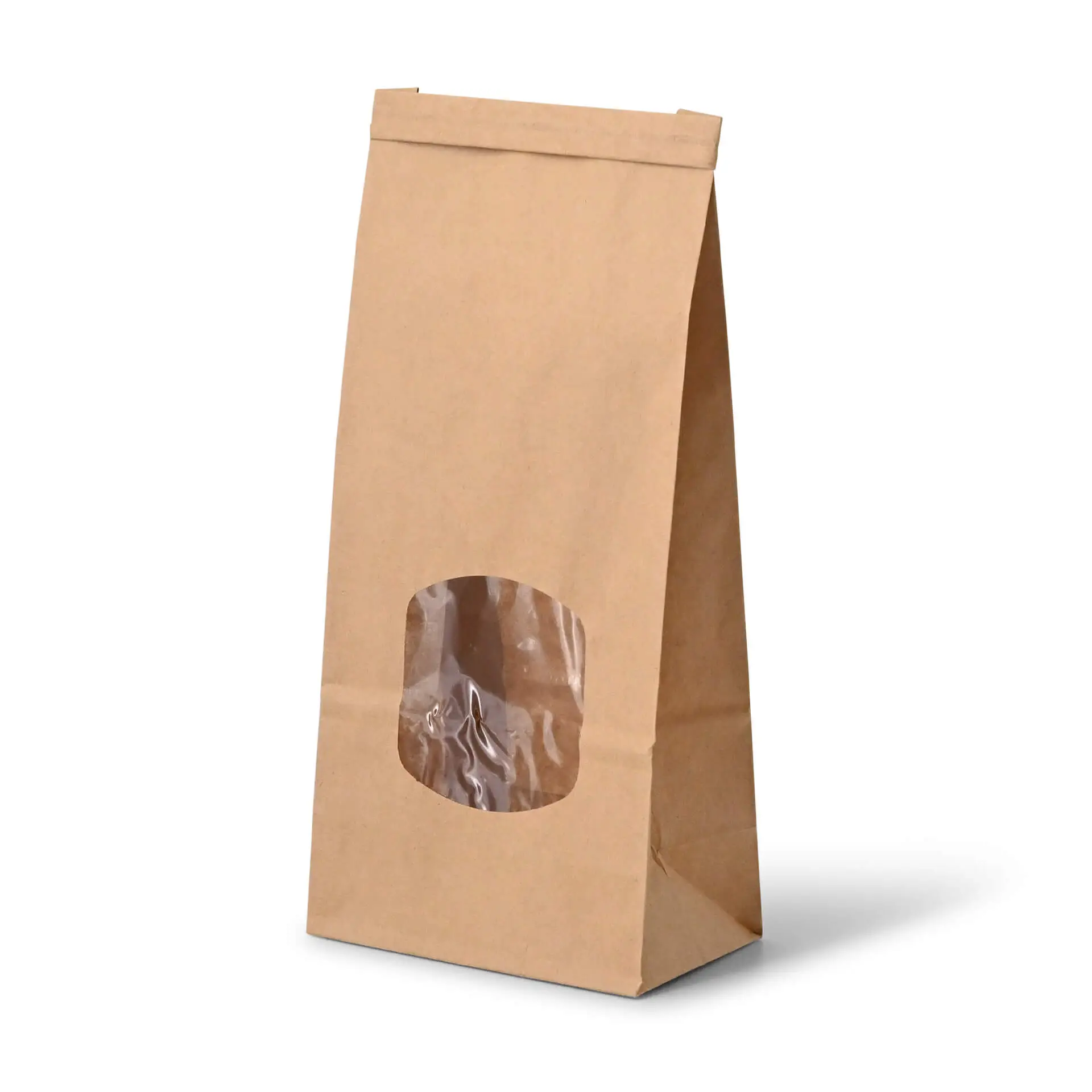 Bruine blokbodem papieren tas met een doorzichtige venster, 11,5 x 7 x 24,5 cm, geschikt voor aromatische producten.