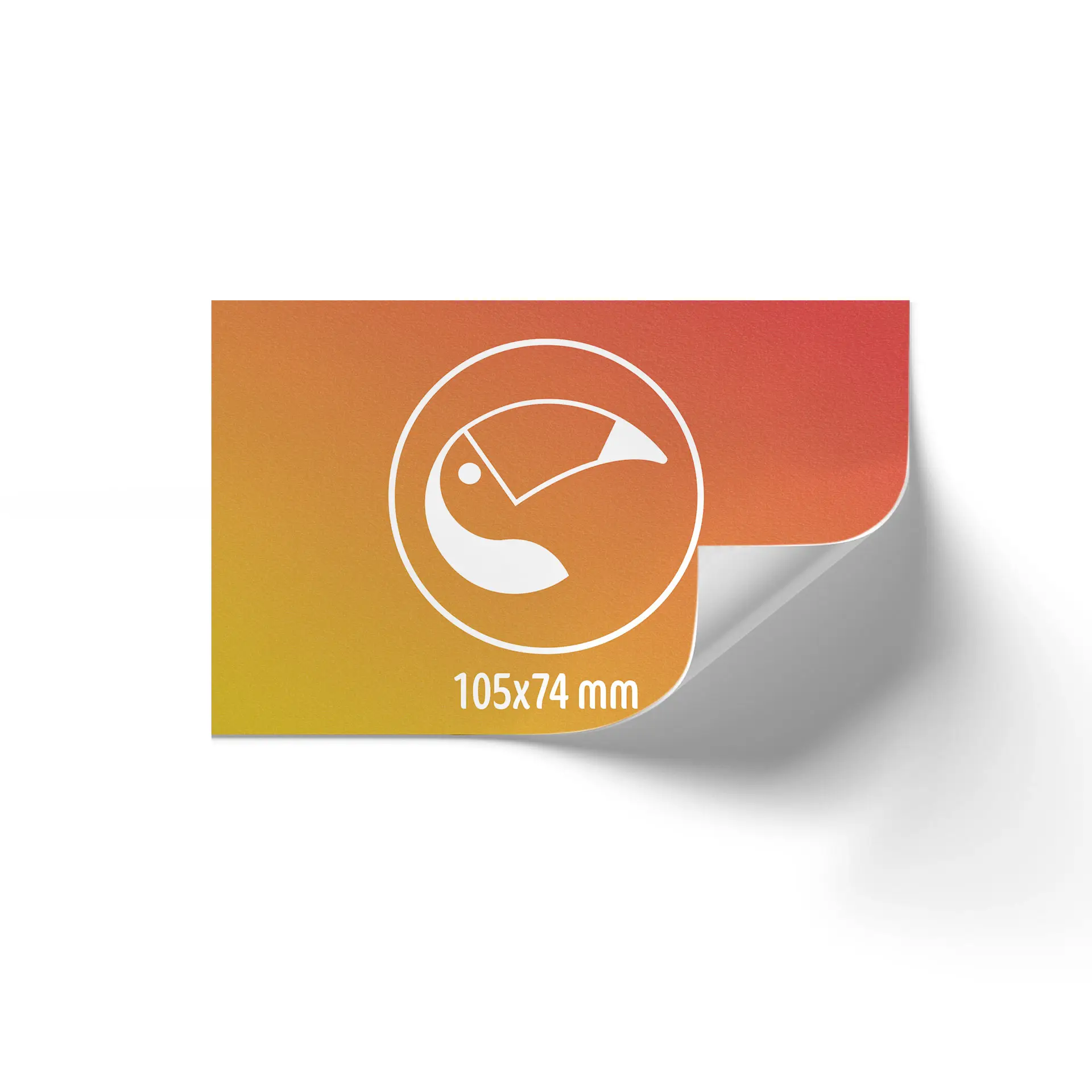 Rechthoekige etikettenrol, 105x74 mm, met een oranje gradientontwerp en een vogel symbool.