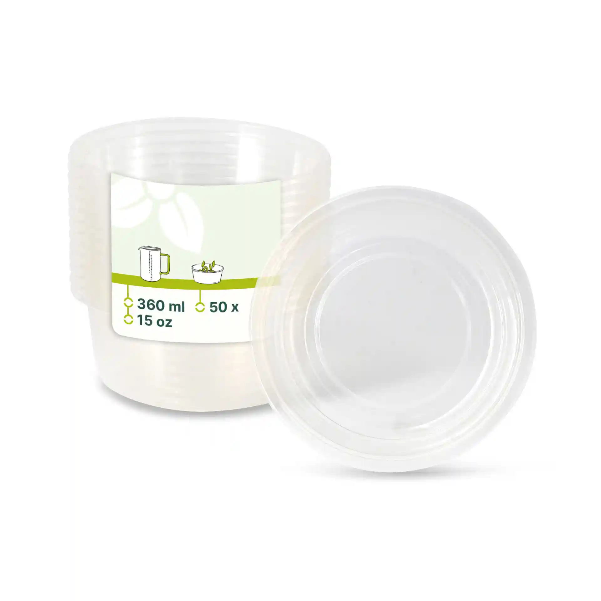 Transparante ronde deli-container met een inhoud van 360 ml en een diameter van 121 mm, naast een andere container.