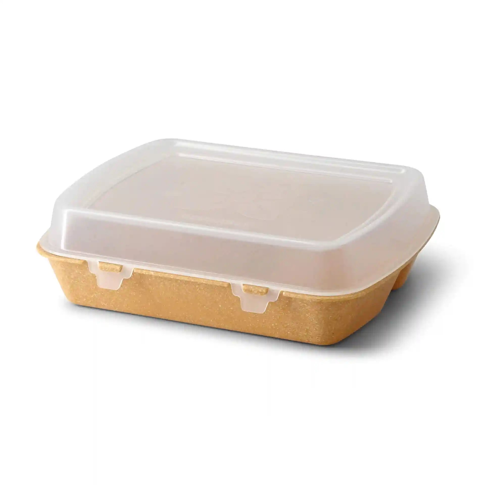 Herbruikbare maaltijdcontainer met een karamelbruine basis en een doorzichtig deksel, met twee compartimenten.