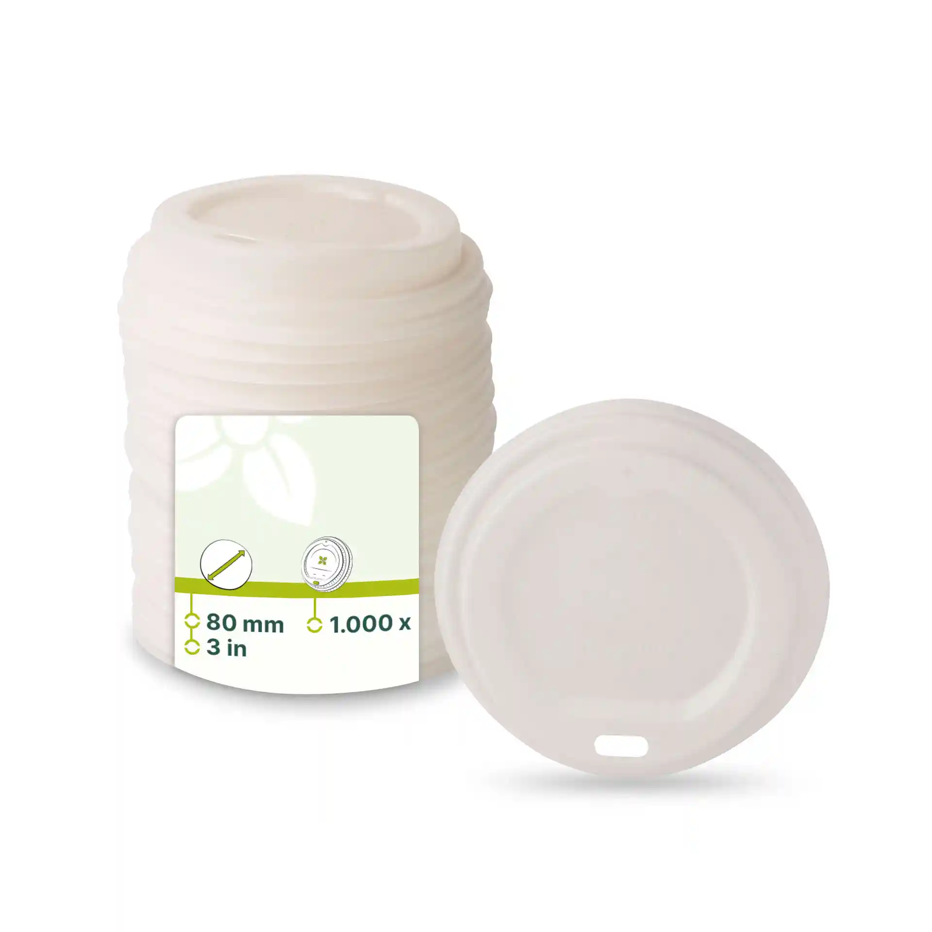 Witte CPLA-deksel met drinkopening, 80 mm diameter, getoond met een stapel soortgelijke deksels.