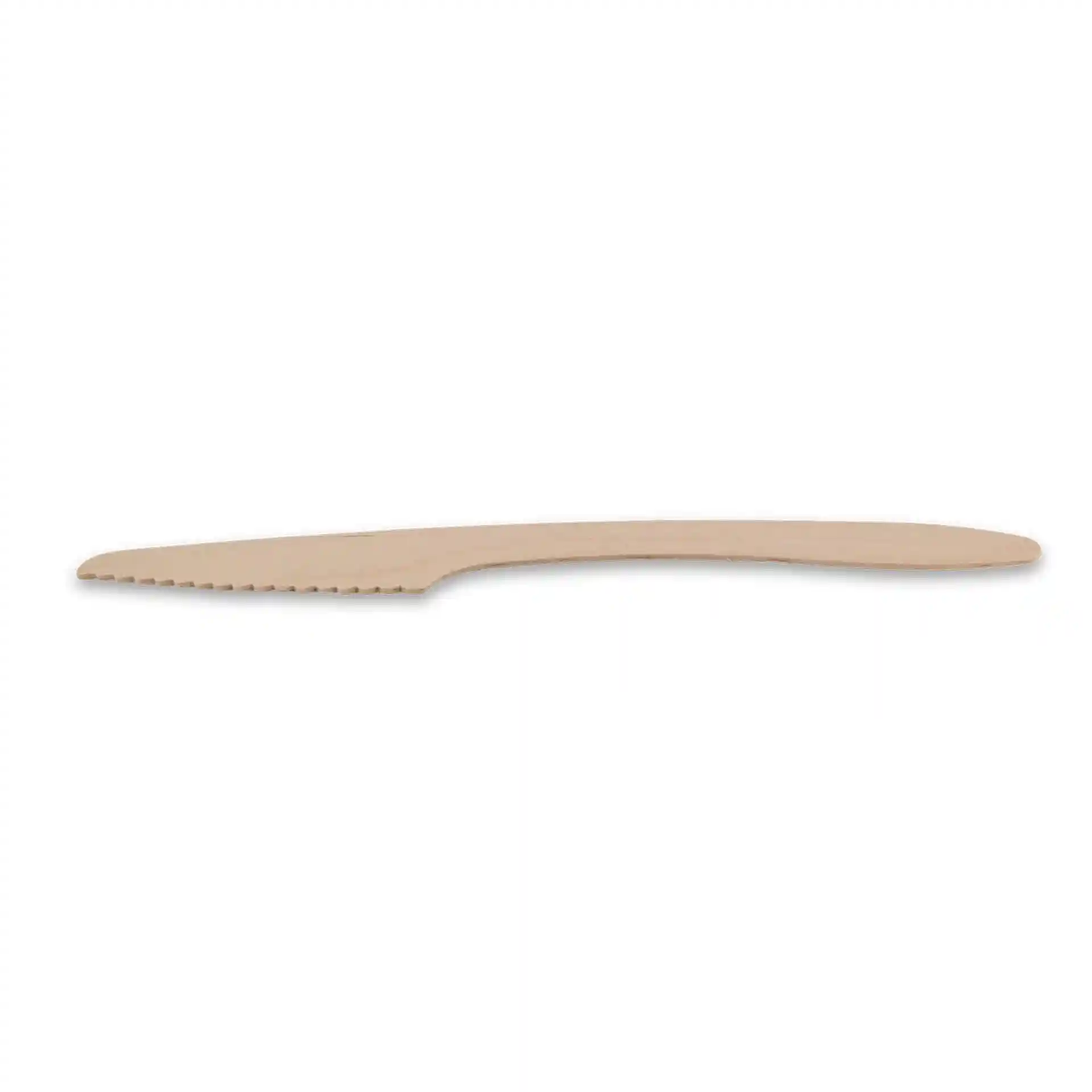 Houten mes, 18 cm lang, met een gekartelde rand, weergegeven op een effen achtergrond.