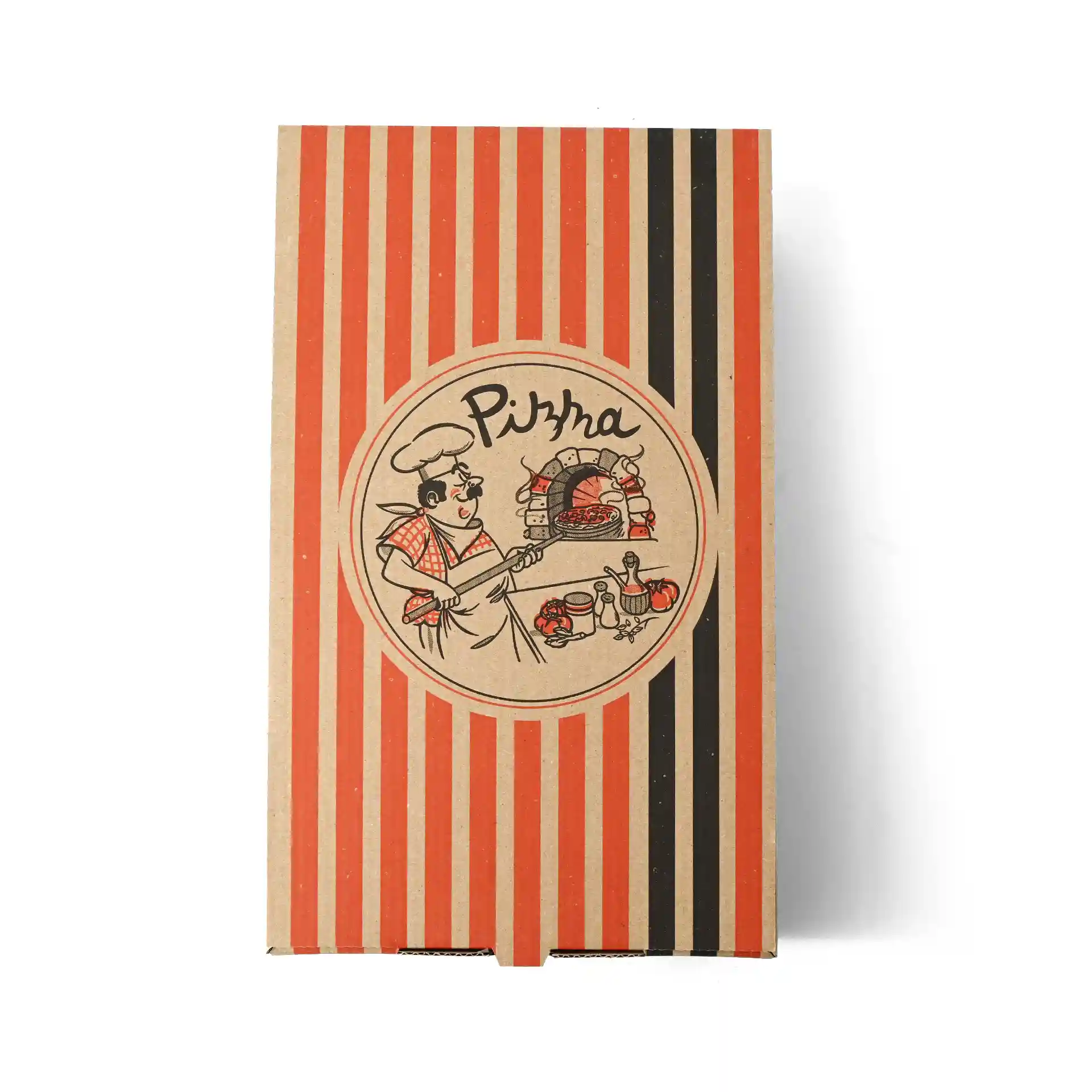 Bruine pizzadoos met een pizzakok ontwerp, met rode en zwarte strepen, 27 x 16 x 7 cm groot.