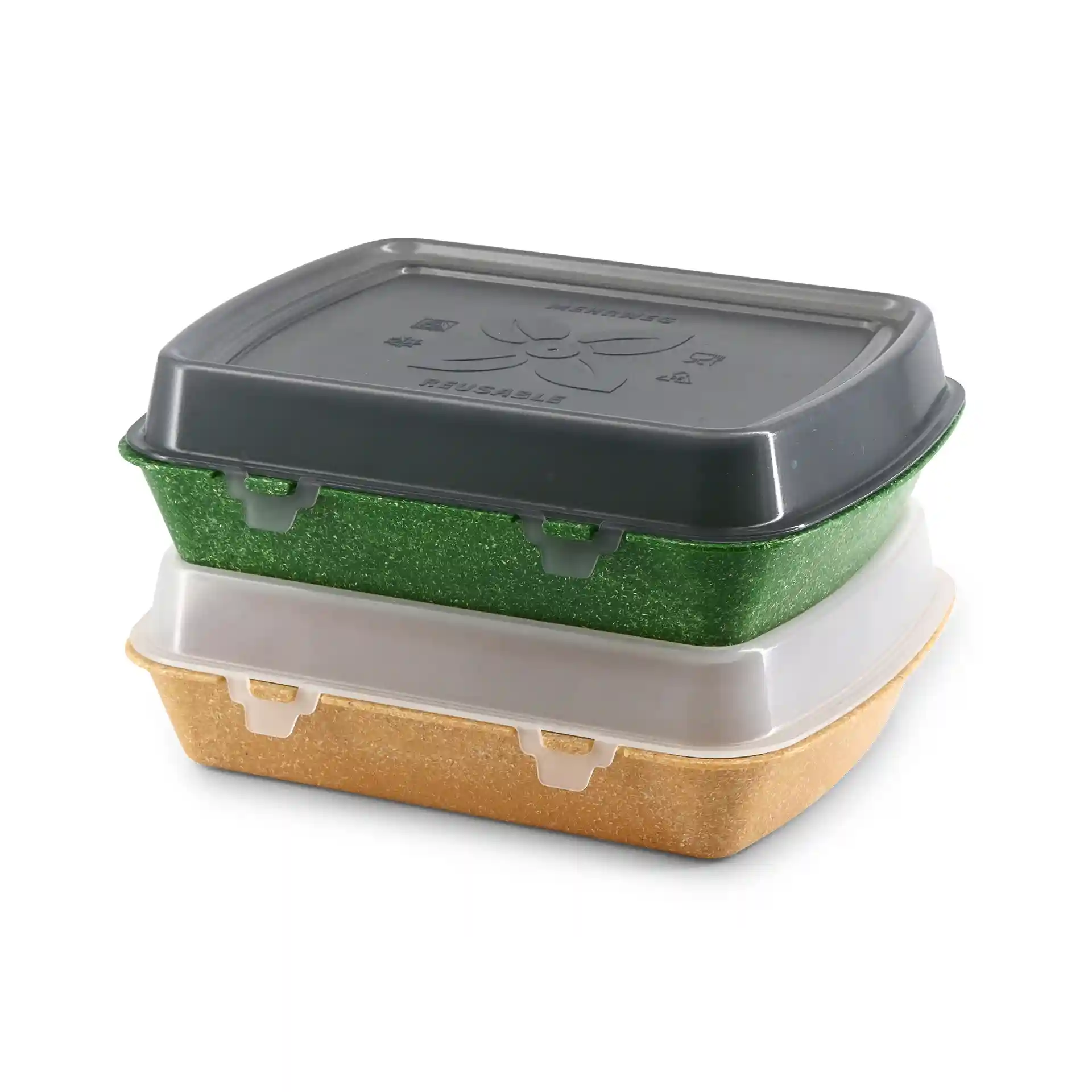 Gestapelde herbruikbare containers in groen en beige met donkergrijze deksels, rechthoekige vorm, op een effen achtergrond.
