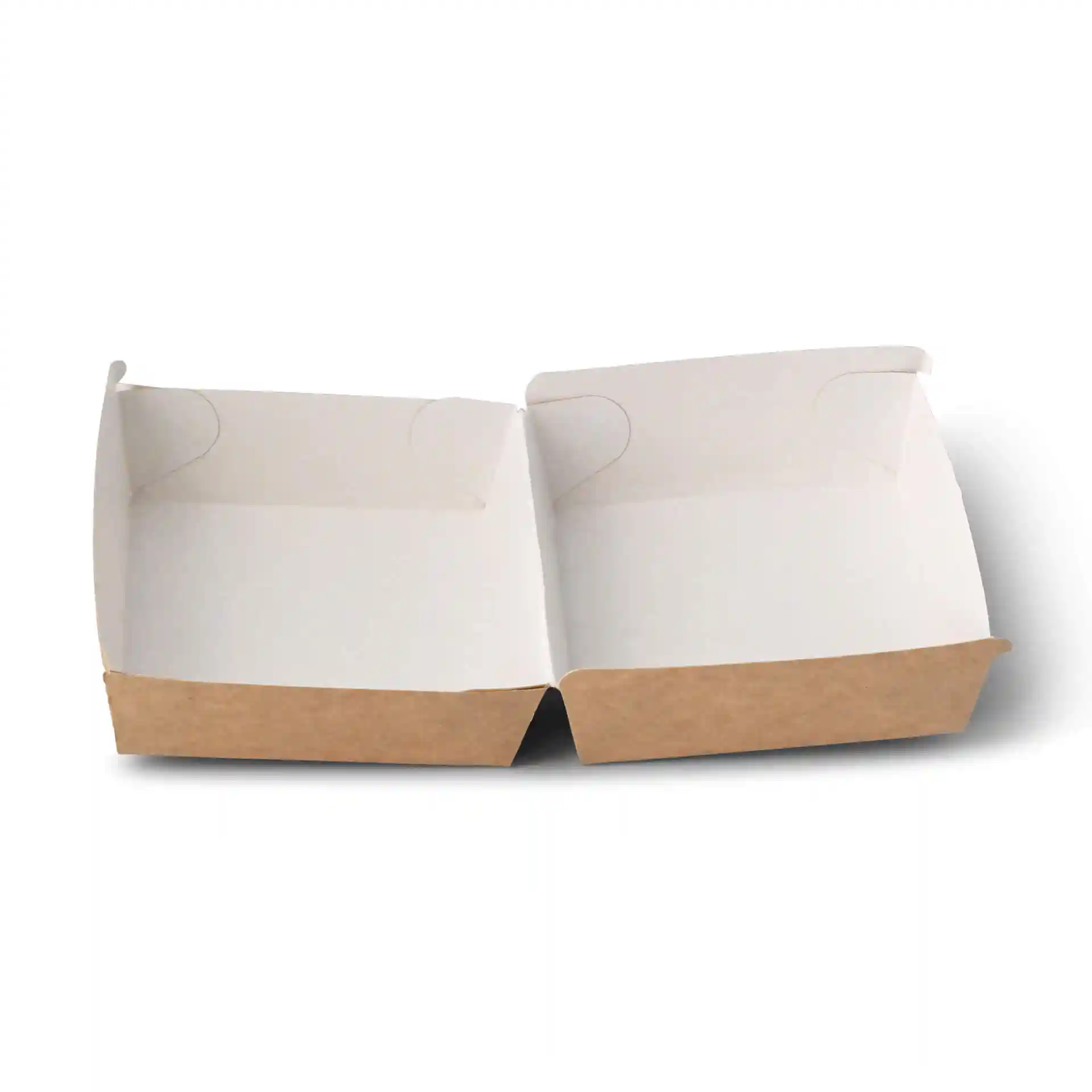 Rechthoekige takeaway burgerdoos met een bruine basis en witte binnenkant, 11 x 11 x 8 cm groot.