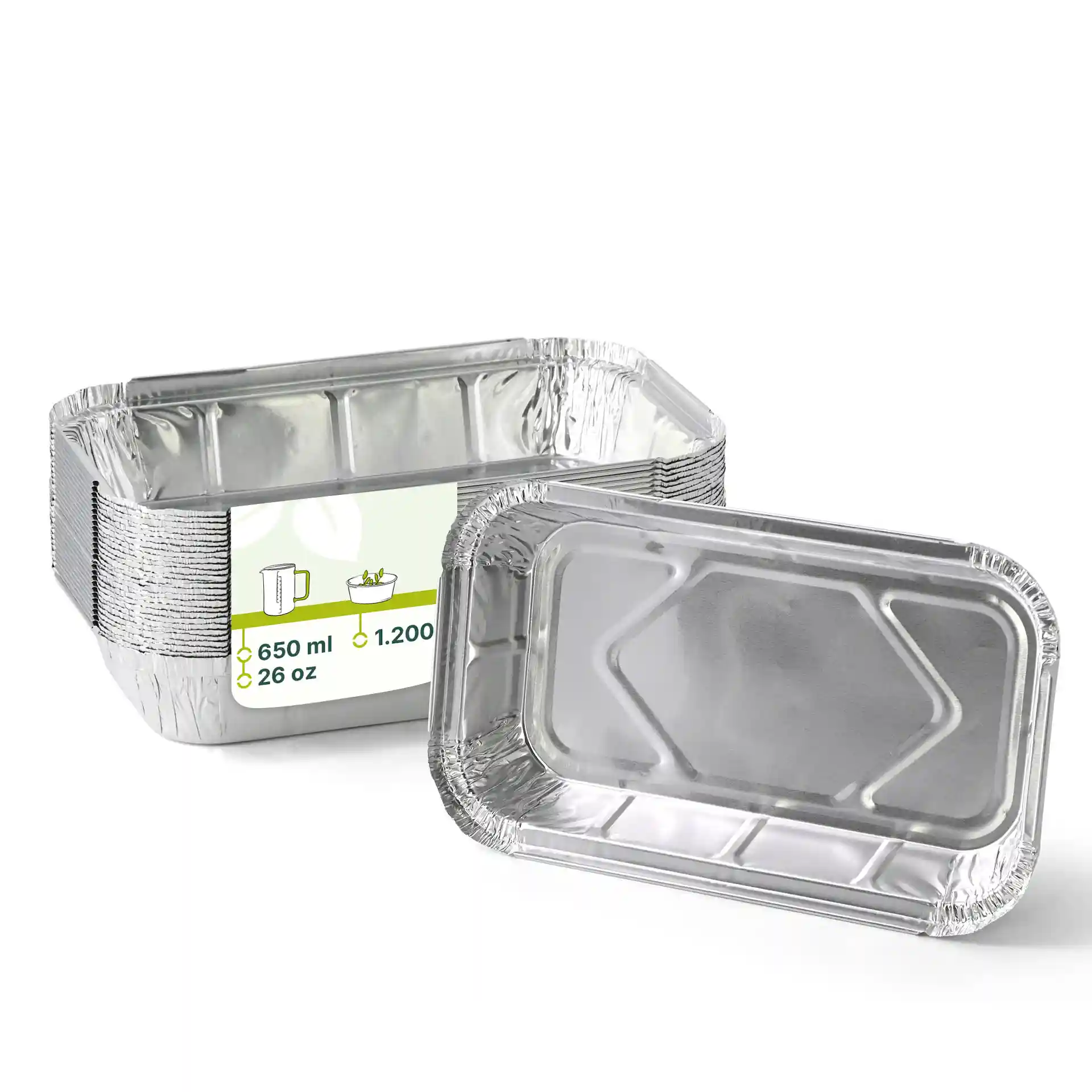 Rechthoekige aluminium container van 22,4 x 13,2 x 3,4 cm, met een vulvolume van 650 ml.