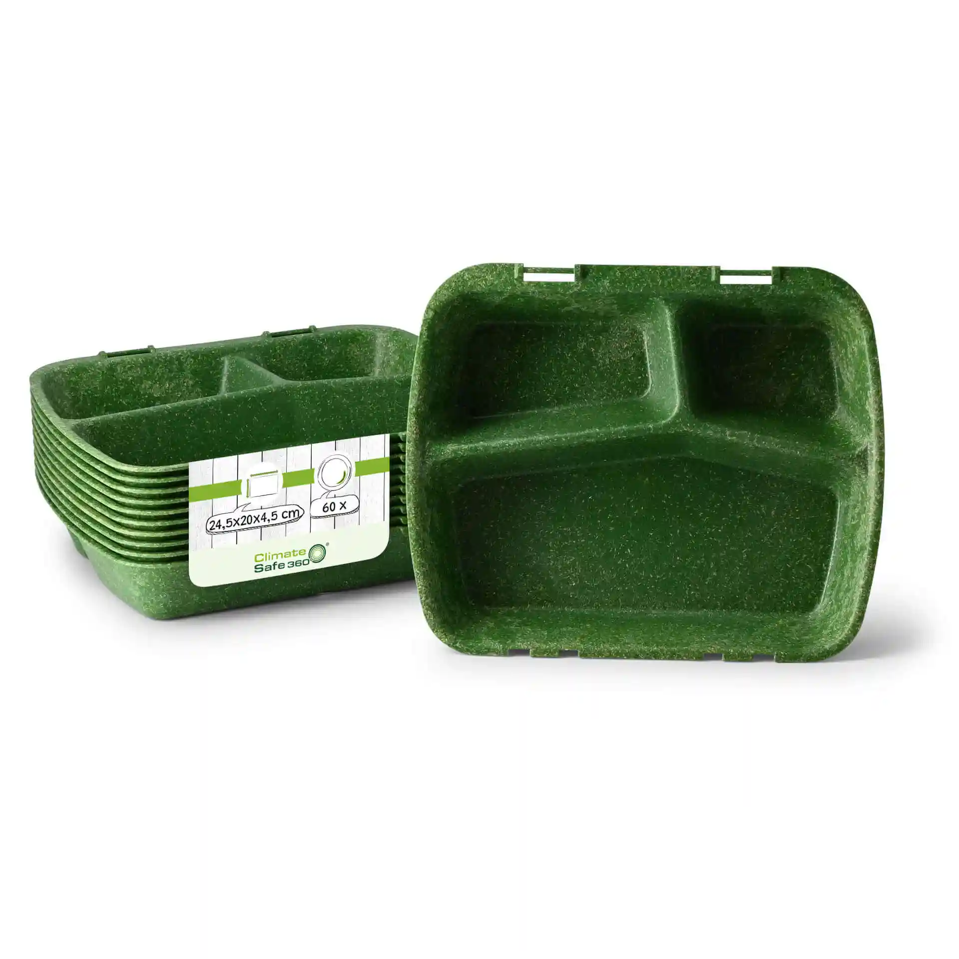 Stapeltje herbruikbare groene maaltijdcontainers met drie compartimenten, elk 24,5 x 20 x 4,5 cm groot.
