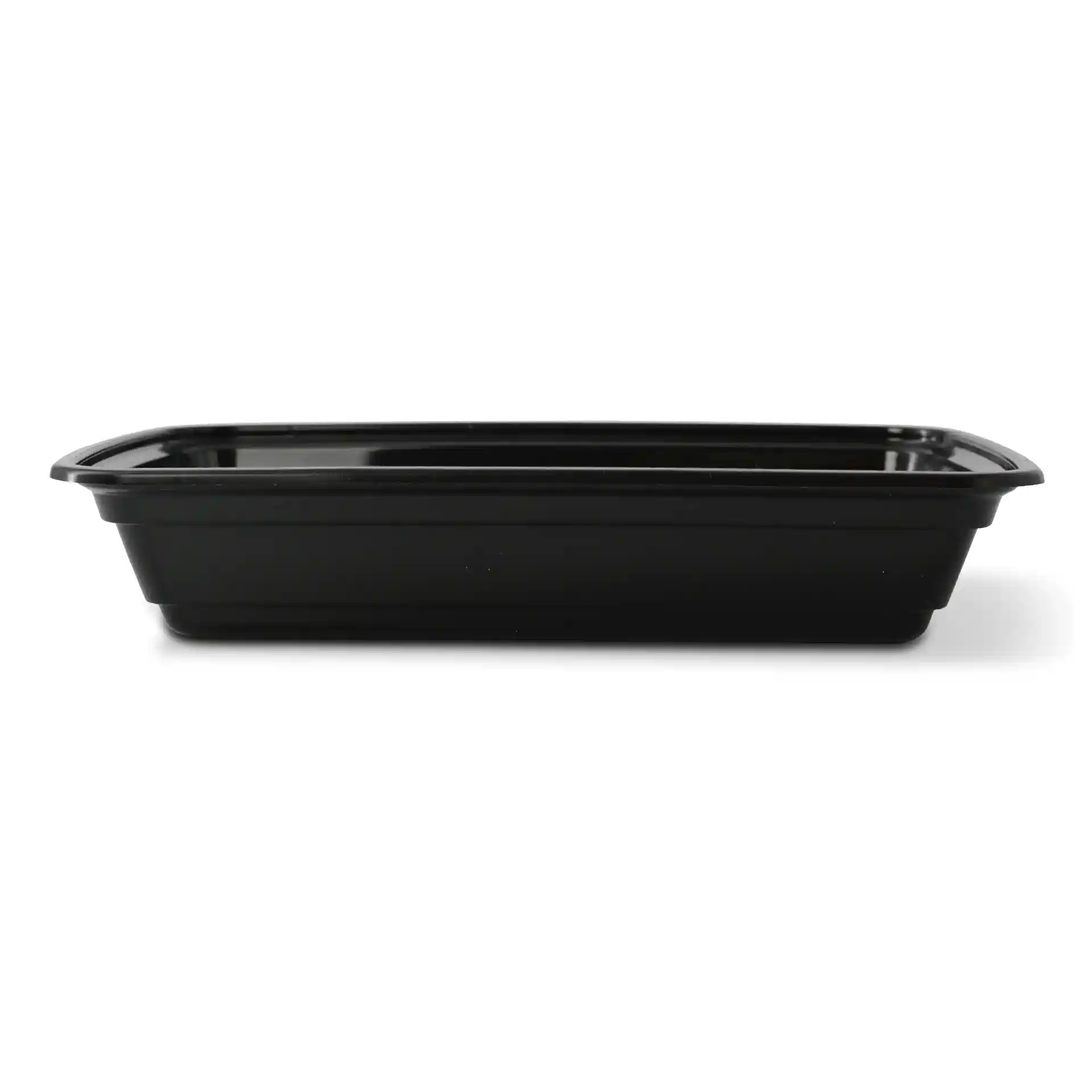 Zwarte rechthoekige herbruikbare container van polypropyleen, 185 mm lang, 125 mm breed en 34 mm hoog.
