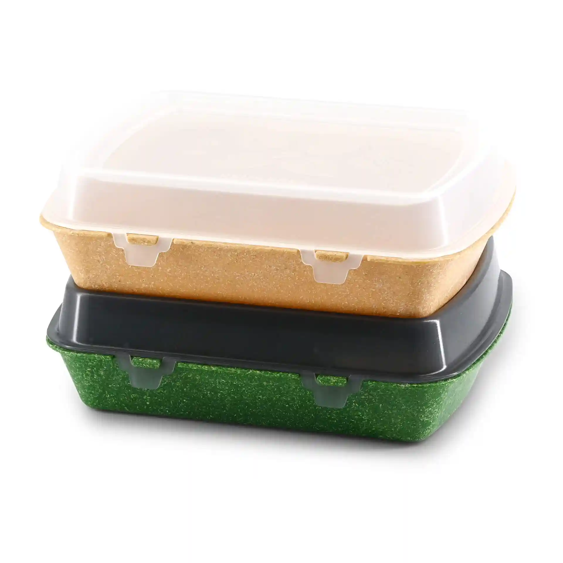Stapeltje van drie rechthoekige herbruikbare menubakken in bruin, groen en zwart met een doorzichtig deksel bovenop.