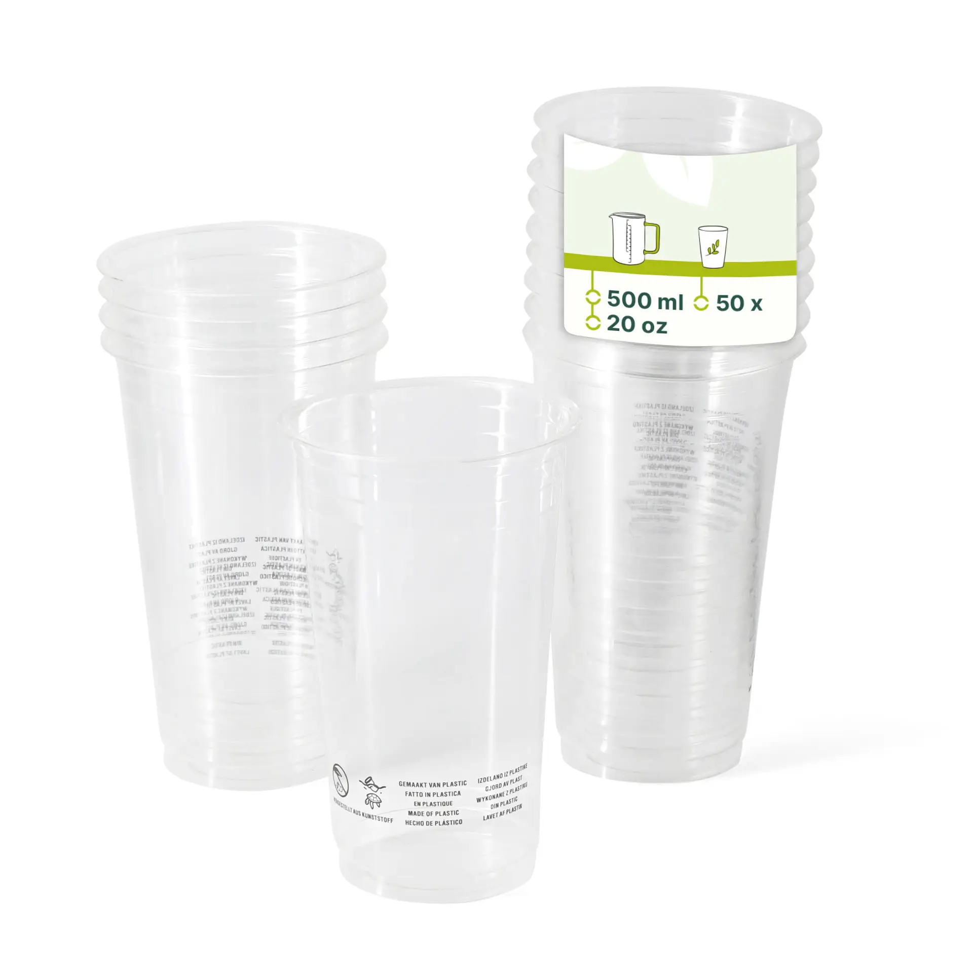 Heldere PLA-plastic bekers gestapeld, elk met een inhoud van 500 ml en een diameter van 95 mm, met bedrukte markeringen.