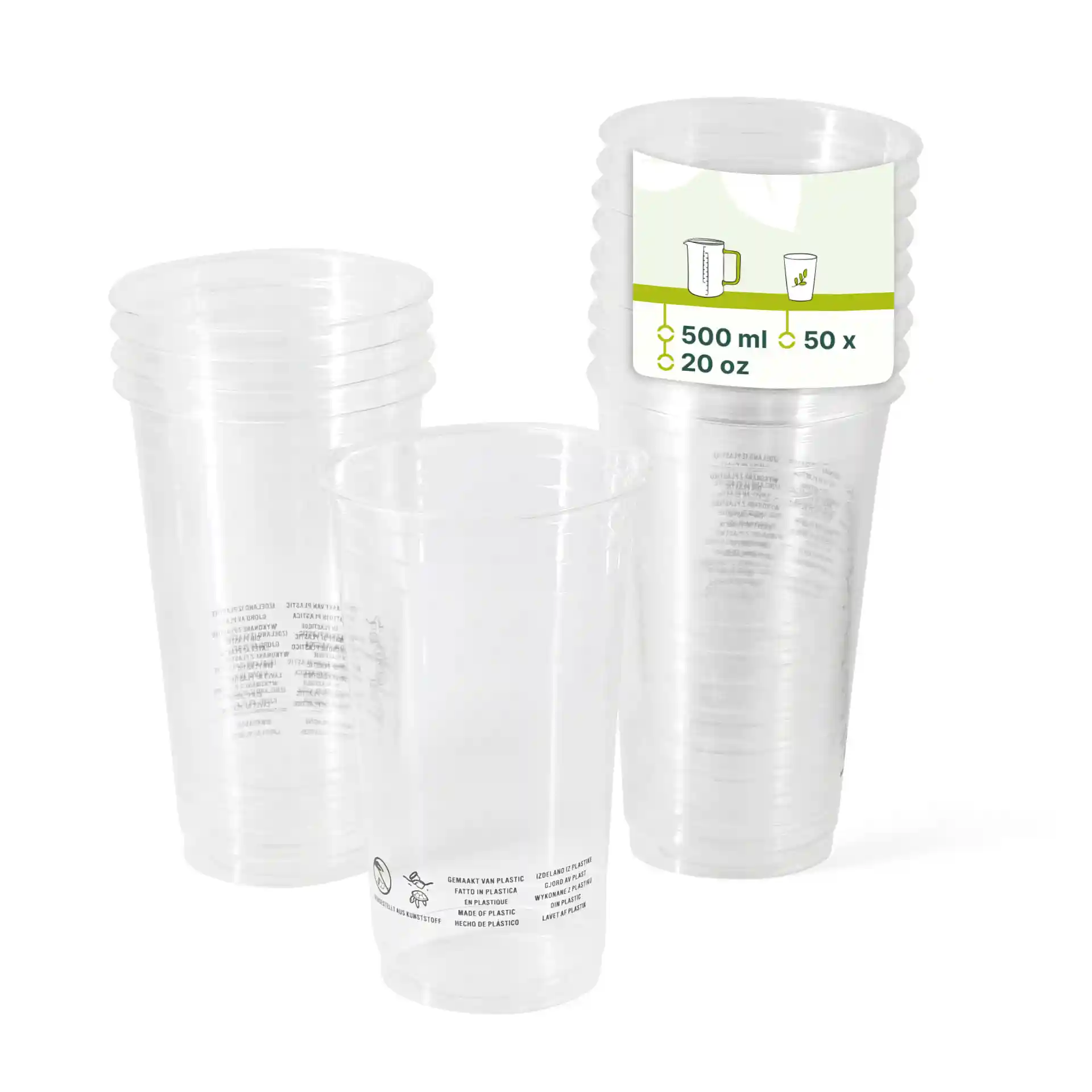 Heldere PLA-plastic bekers gestapeld, elk met een inhoud van 500 ml en een diameter van 95 mm, met bedrukte markeringen.