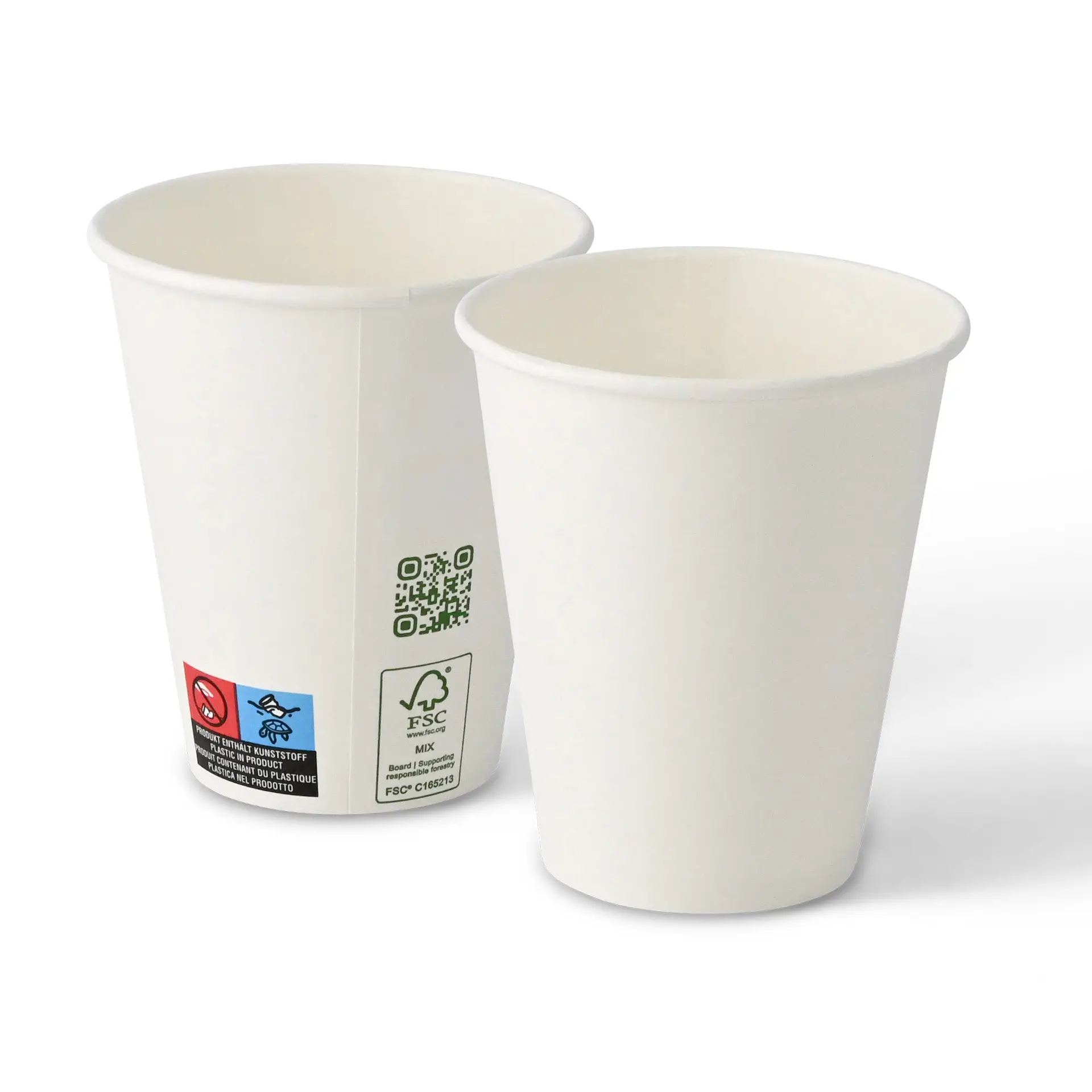 Witte bekers, 250 ml capaciteit, enkele wand, met zichtbare labels en markeringen aan de zijkant.