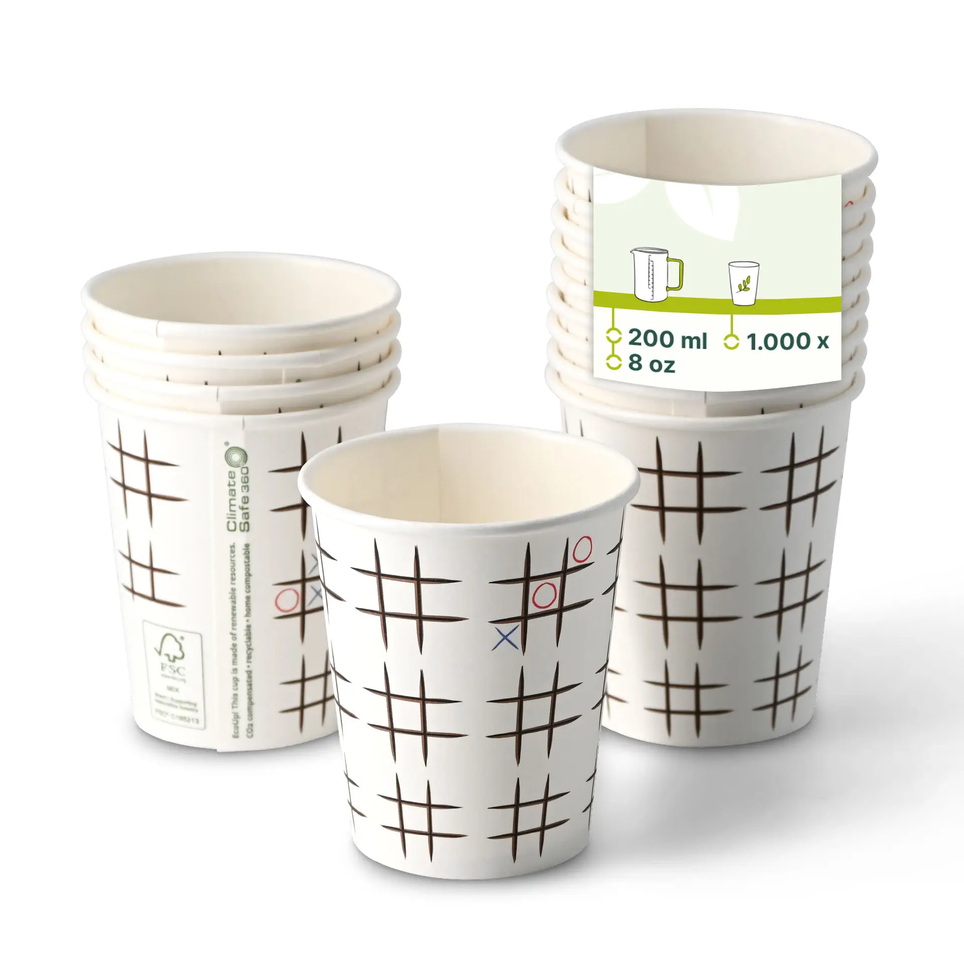 Bedrukte kartonnen beker "Tic Tac Toe" 200 ml / 8 oz, Ø 80 mm, wit