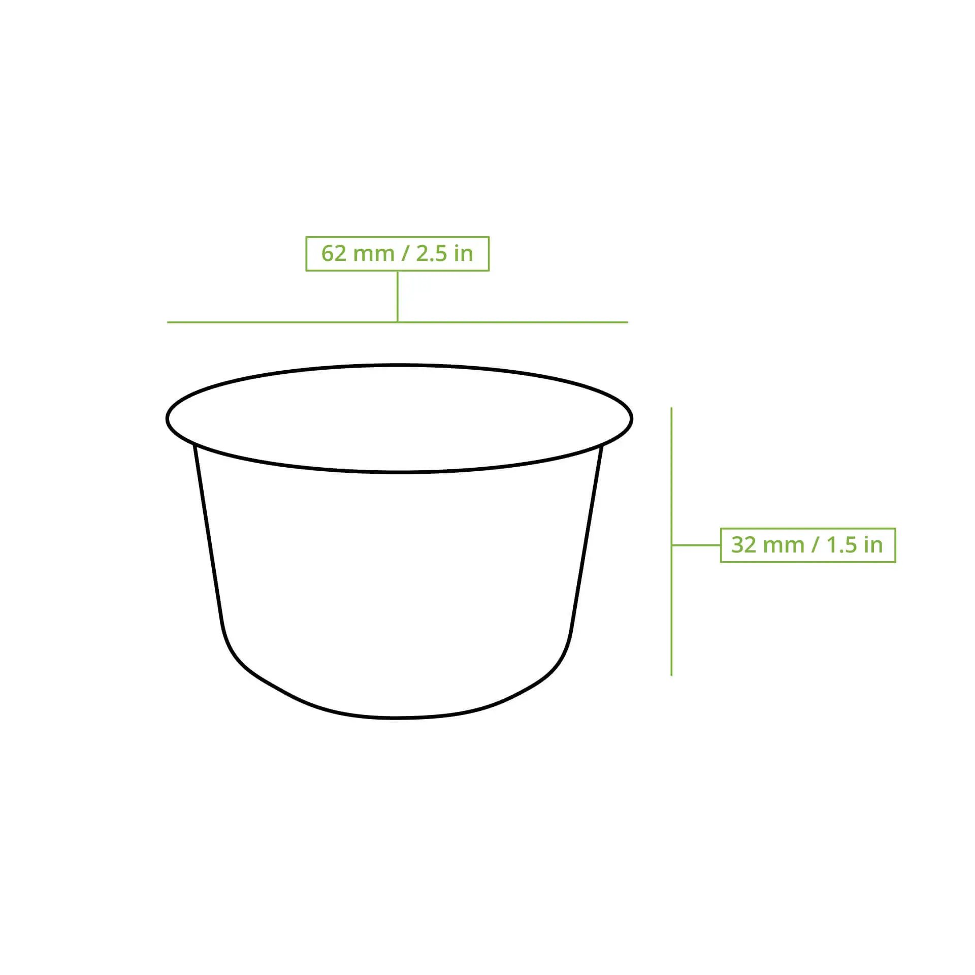 Klein biologisch afbreekbaar dipkommen van suikerriet; afmetingen: 62 mm breed, 32 mm hoog, geschikt voor sauzen of monsters.