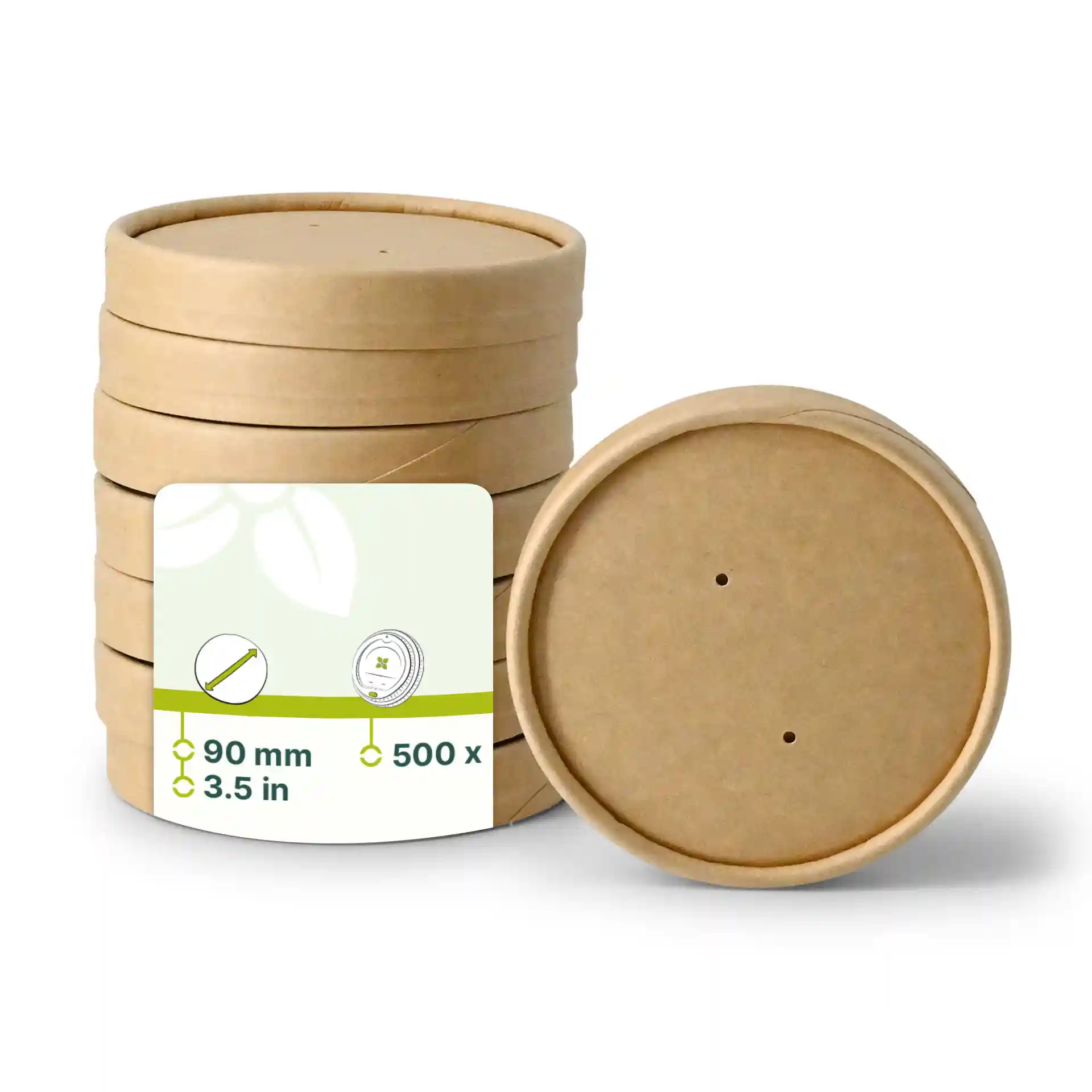 Bruine kartonnen membraan deksels, ronde vorm, 90 mm diameter, gestapeld met een label met productdetails.