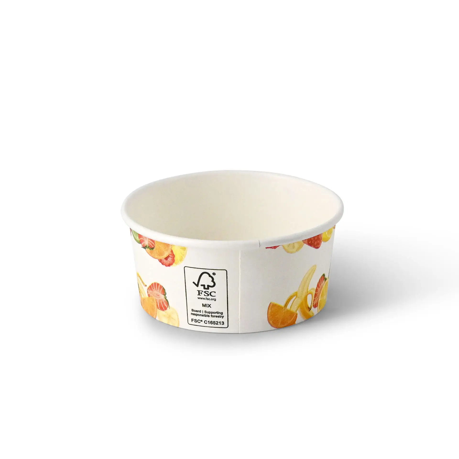 Bedrukt XS-papieren ijsbekertje met fruitdesign; PE-gecoat voor warme en koude voedingsmiddelen; met FSC-label.