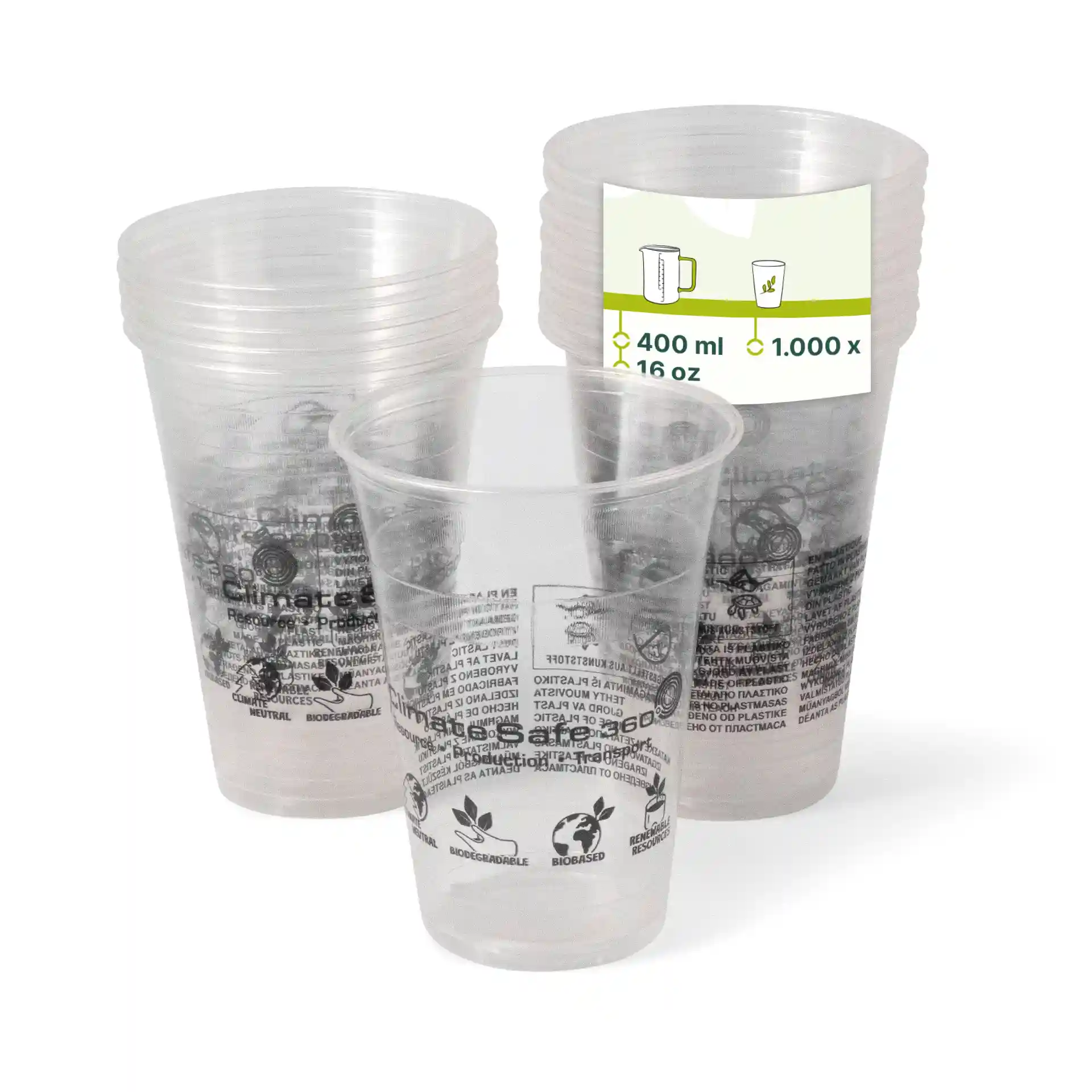 Transparante 16 oz PLA smoothie bekers gestapeld, met één beker die een label toont met een capaciteit van 400 ml.