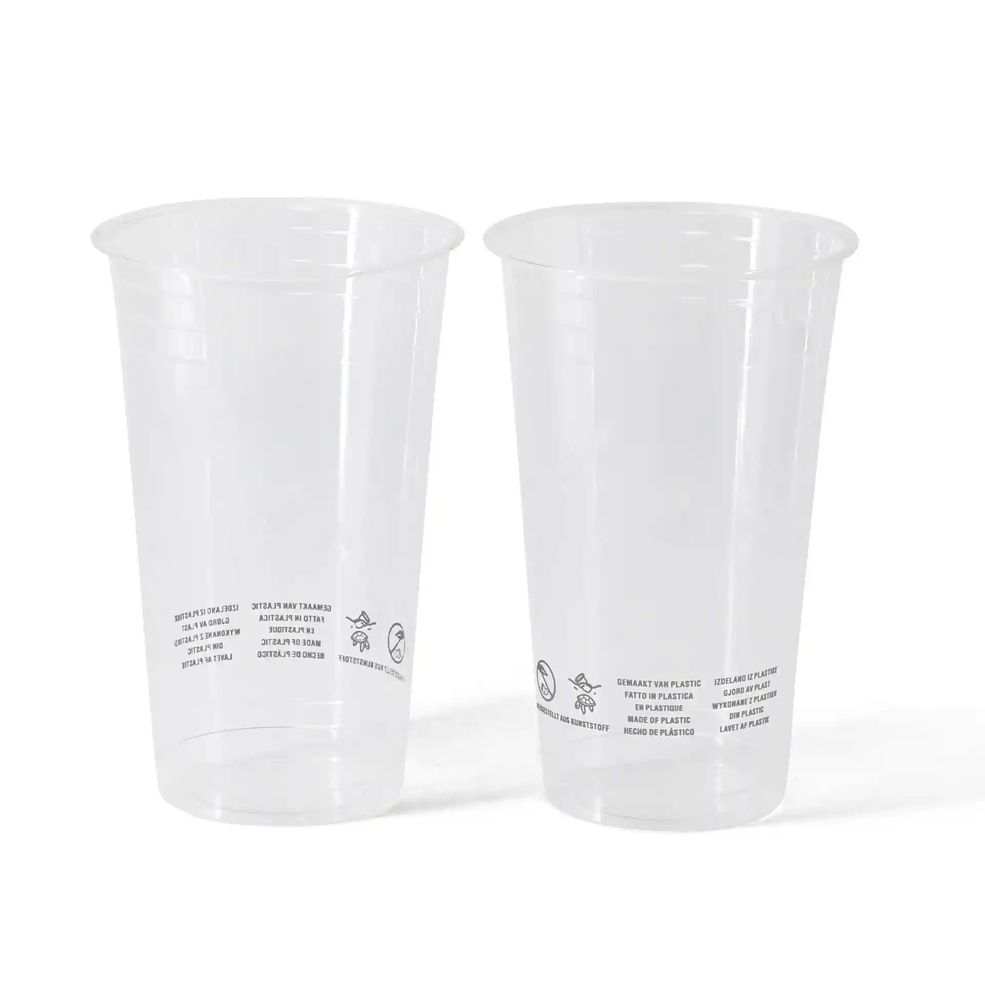 Heldere PLA-plastic bekers, 500 ml capaciteit, met zichtbare markeringen aan de zijkant, twee bekers getoond.