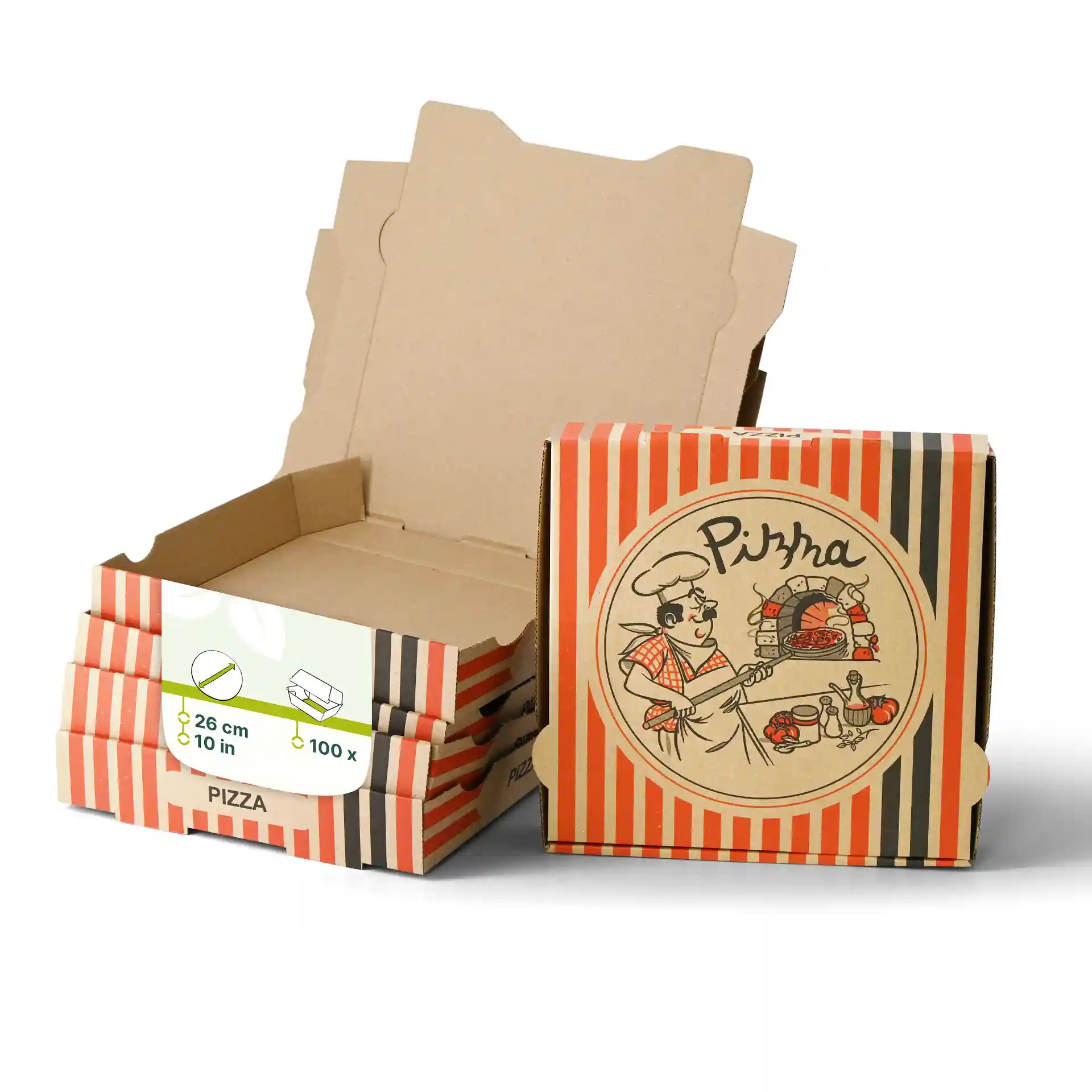 Bruine pizzadoos met een ontwerp van een pizzakok, 26 x 26 x 4 cm, met meerdere dozen erachter gestapeld.