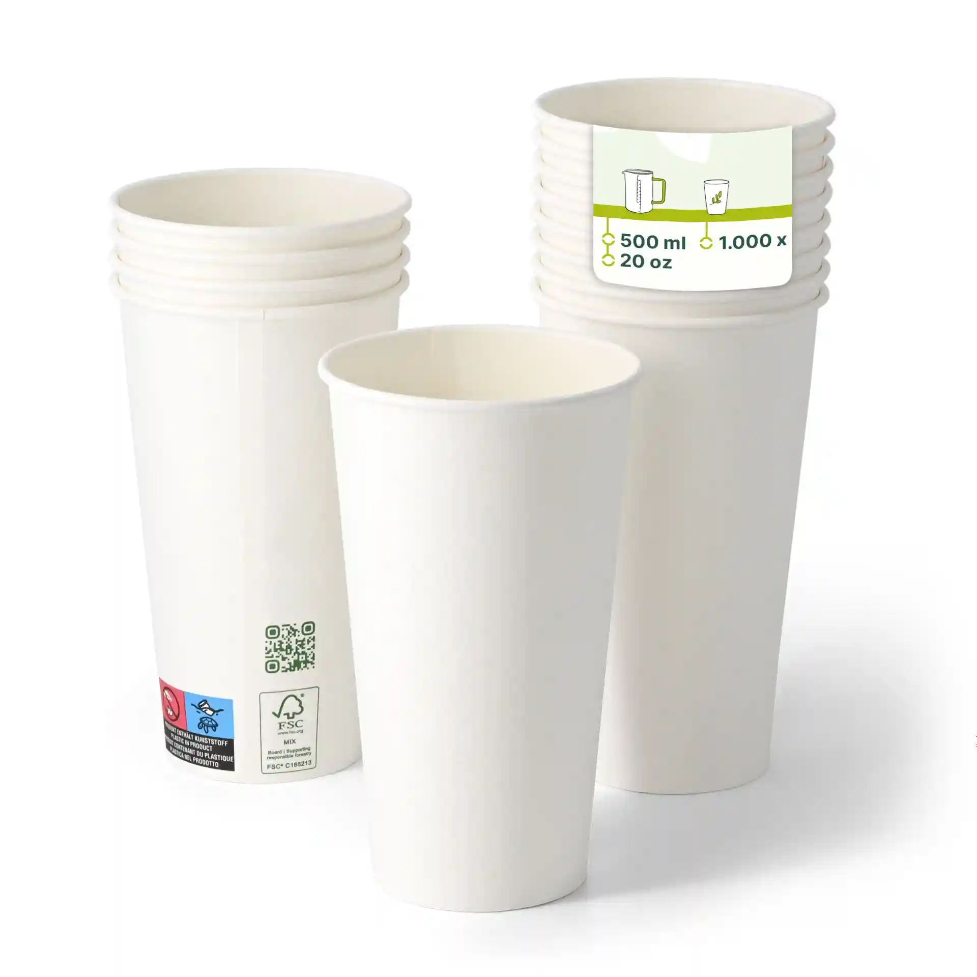 Witte papieren bekers gestapeld, enkele wand, 500 ml capaciteit, diameter 90 mm en hoogte 150 mm.