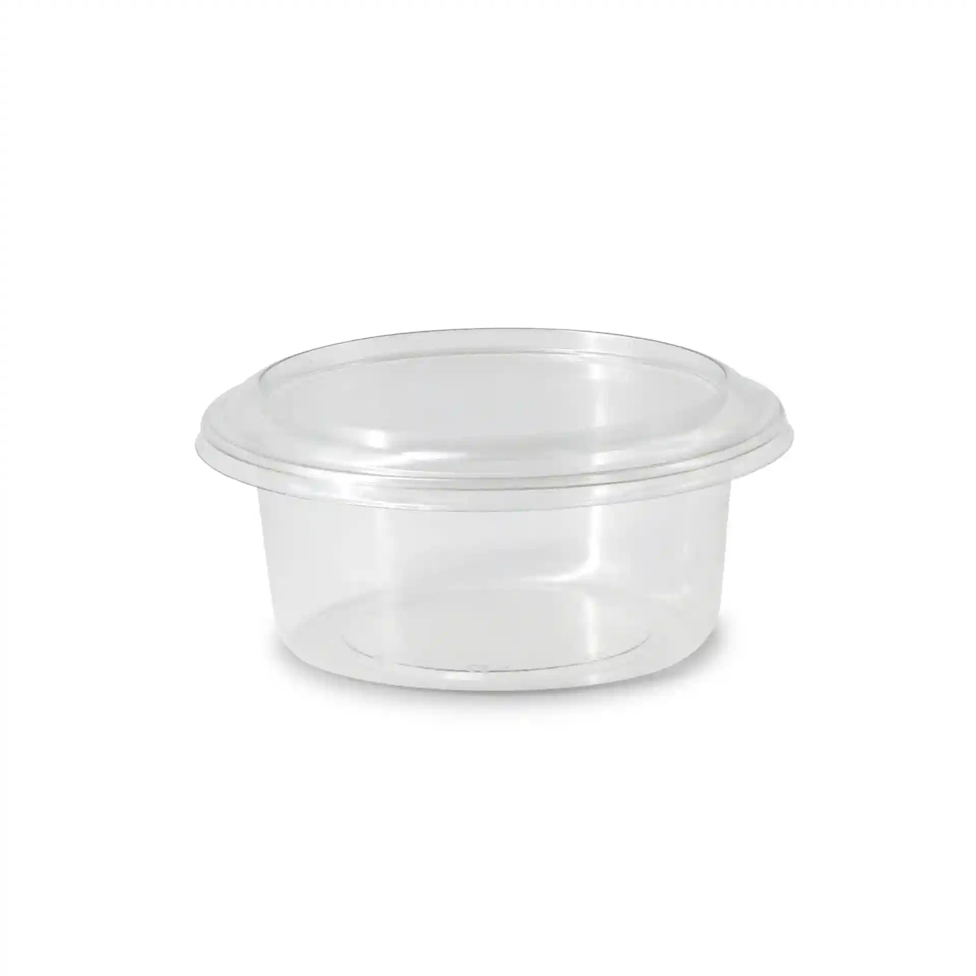Transparante ronde deli-pot met een diameter van 123 mm en een hoogte van 60 mm, gemaakt van rPET-materiaal.