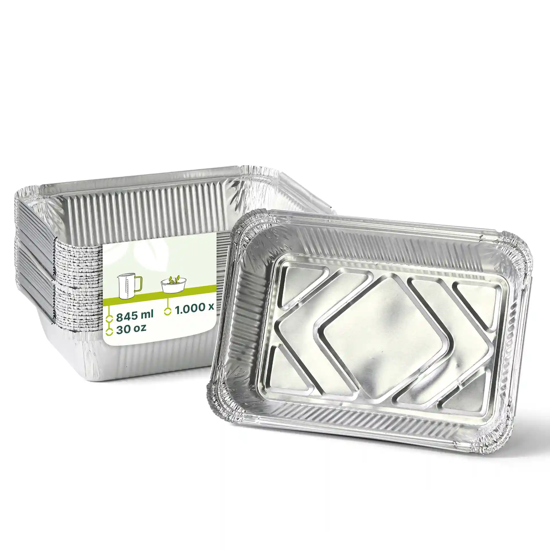 Rechthoekige aluminium containers gestapeld, afmetingen 21,4 x 14,9 x 4,3 cm, met een vulvolume van 845 ml.