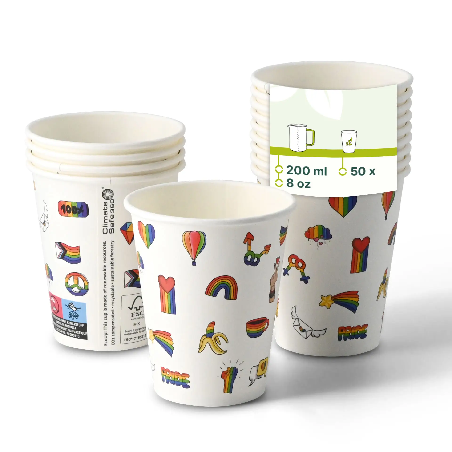 Kartonnen beker bedrukt "Pride" (gelaagd) 200 ml / 8 oz, Ø 80 mm, wit