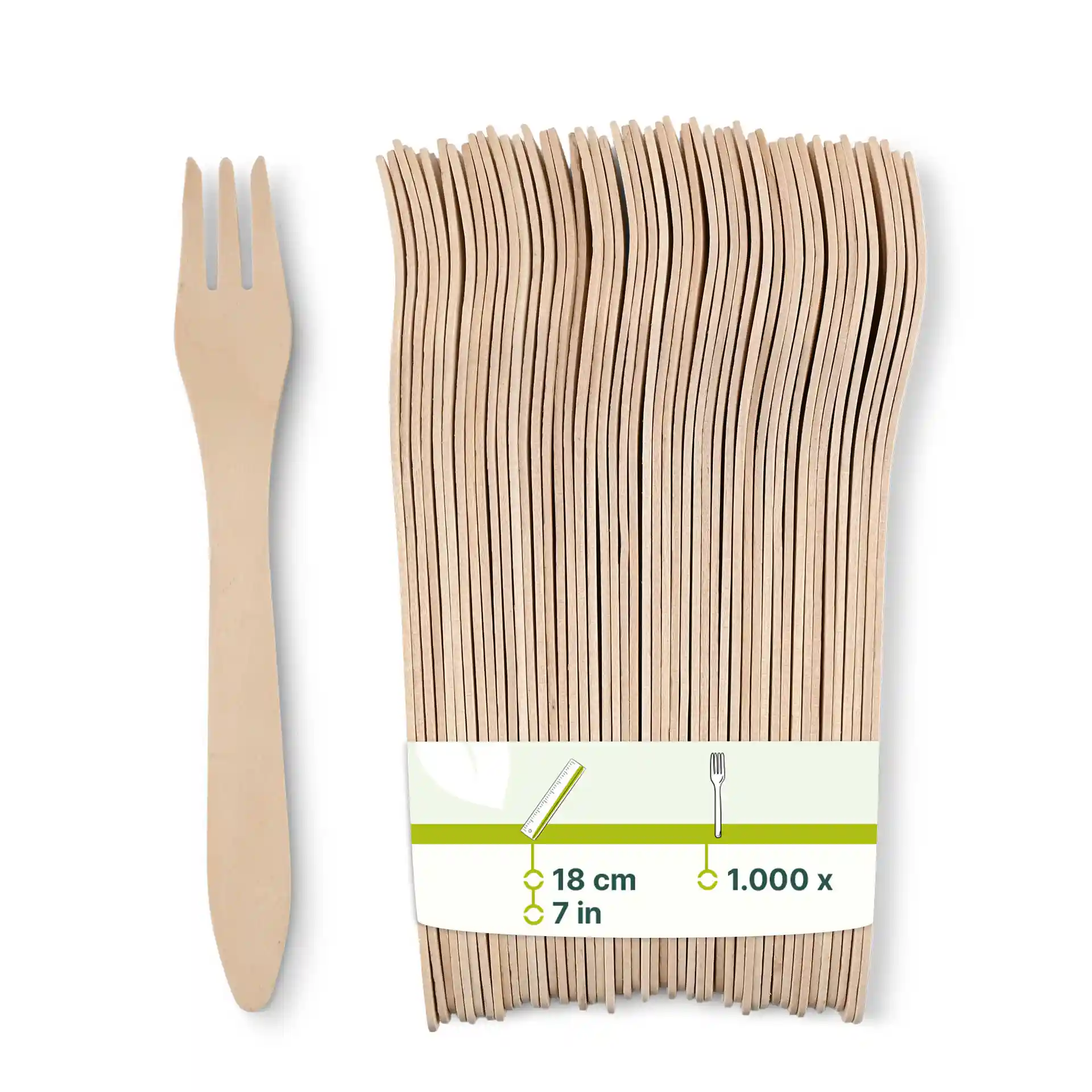 Houten vorken in een bundel, 18 cm lang, met een bruine kleur en bio-coating, naast een enkele vork weergegeven.