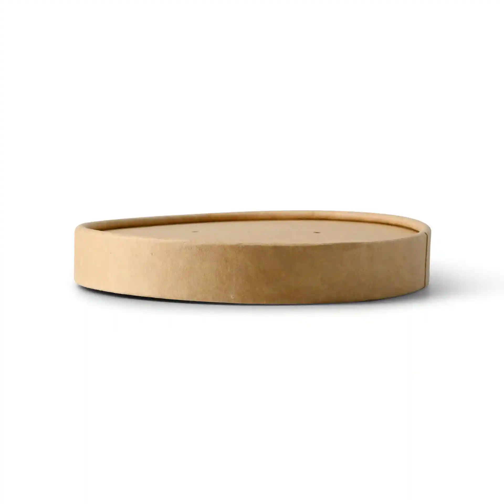 Ronde bruine kartonnen deksel met een hoogte van 16 mm en een diameter van 100 mm, met een gecoate oppervlakte.
