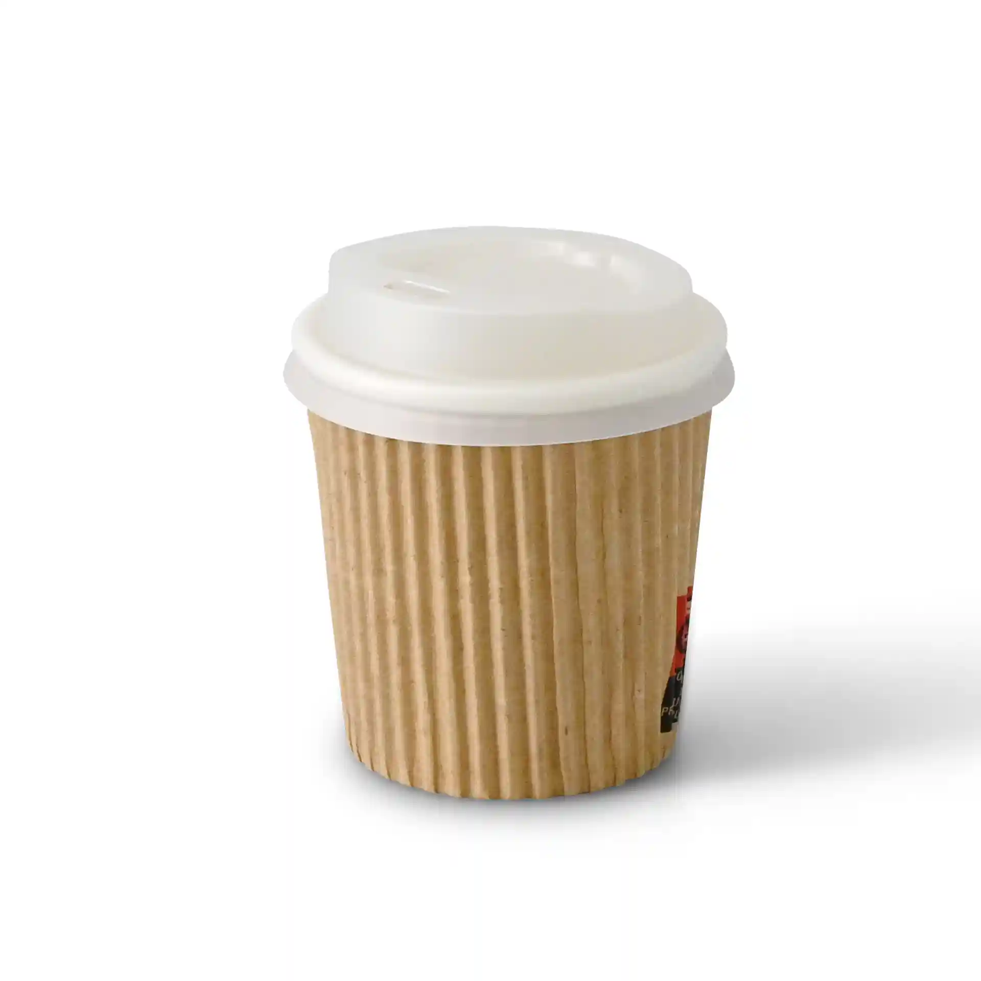 Bruine geribbelde beker met een witte deksel, 4 oz capaciteit, 62 mm diameter en 63 mm hoogte.
