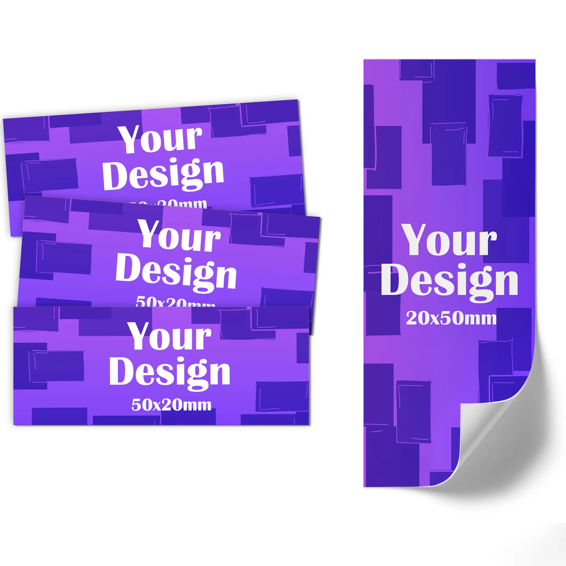 Een paarse label met een rond pictogram en afmetingen van 50x20 mm; hoek lichtjes opgerold.