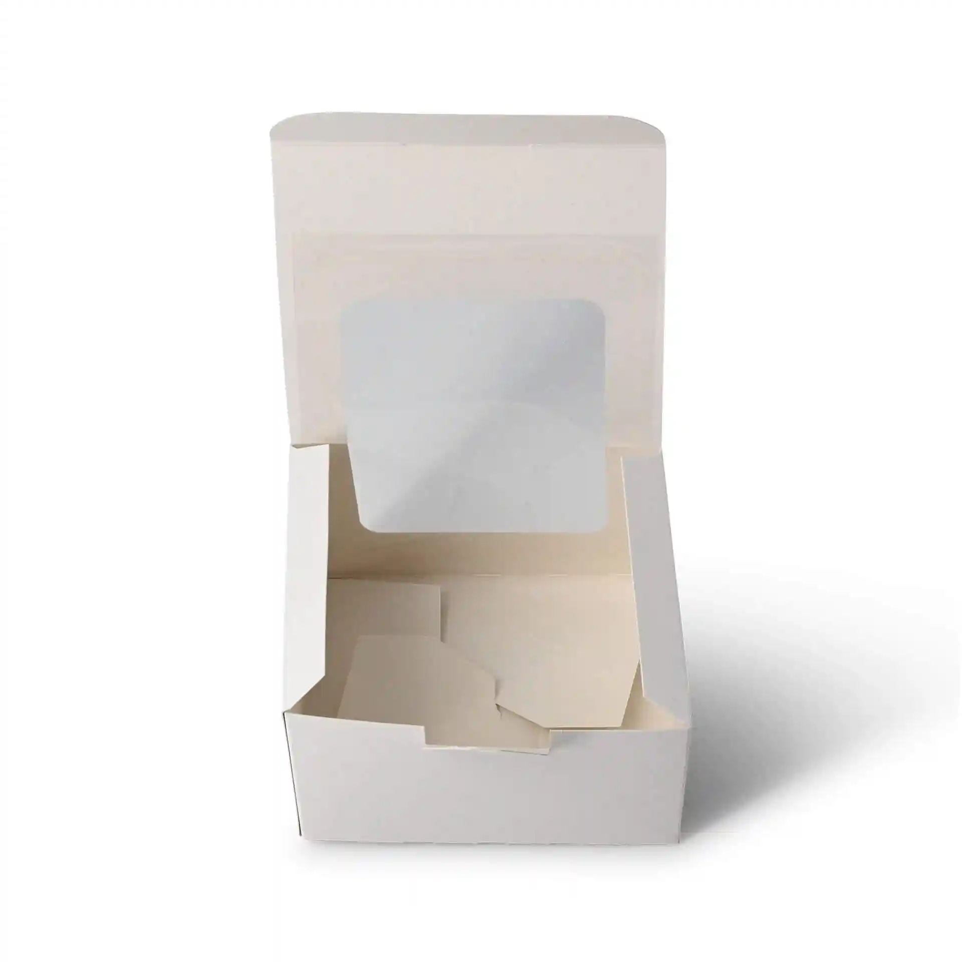 Witte gebakdoos met cellulosevenster, 13 x 11 x 8 cm, open en zonder inhoud.