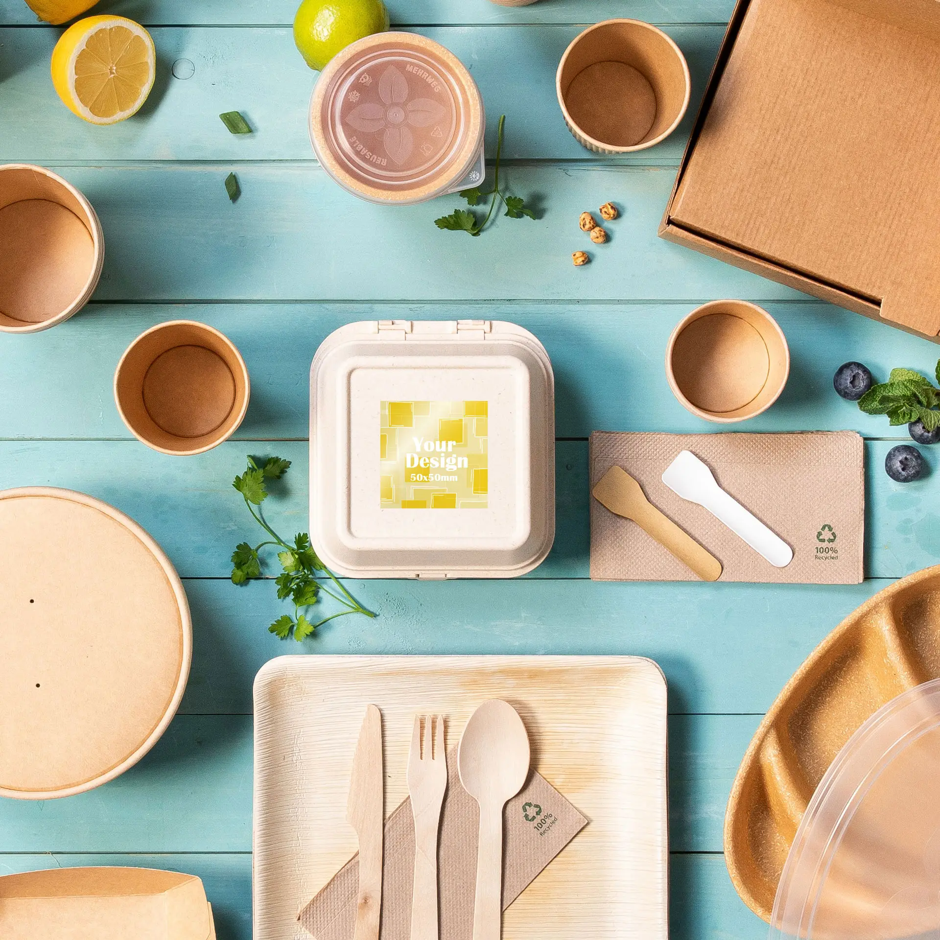 Een vierkante, witte glanzende etikettenrol op een beige afhaalcontainer, omringd door wegwerppakketten en bestek op een blauwe achtergrond.