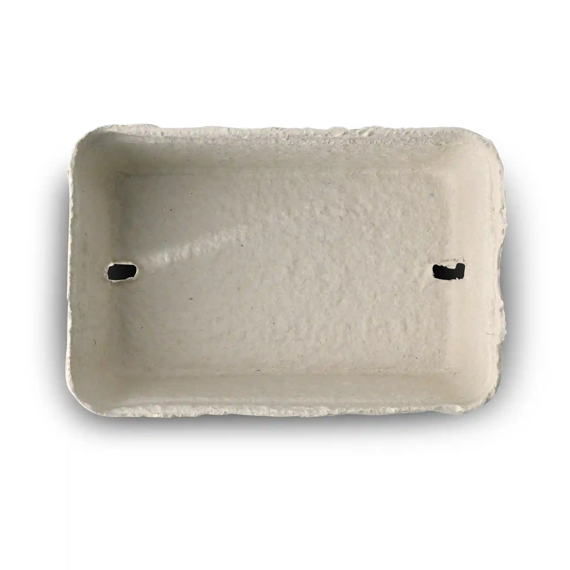 Witte houtpulp bessenbak, rechthoekige vorm met twee gaten, afmetingen 135mm x 90mm x 50mm.