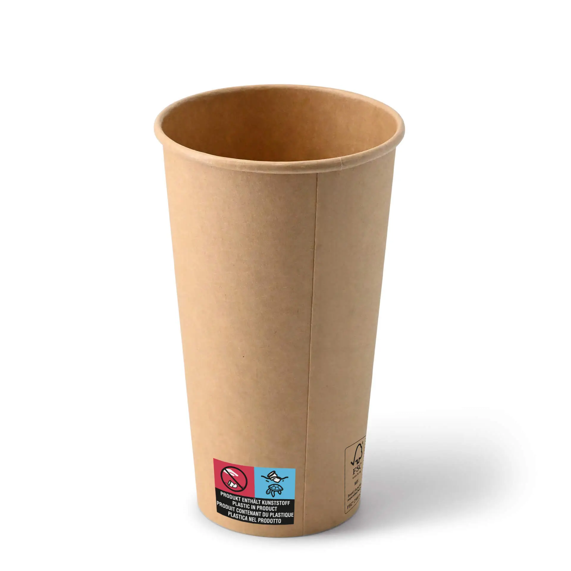 20 oz bruin papieren beker met PE-coating; met Climate Safe-logo en recyclingiconen. Ideaal voor afhaaldranken.