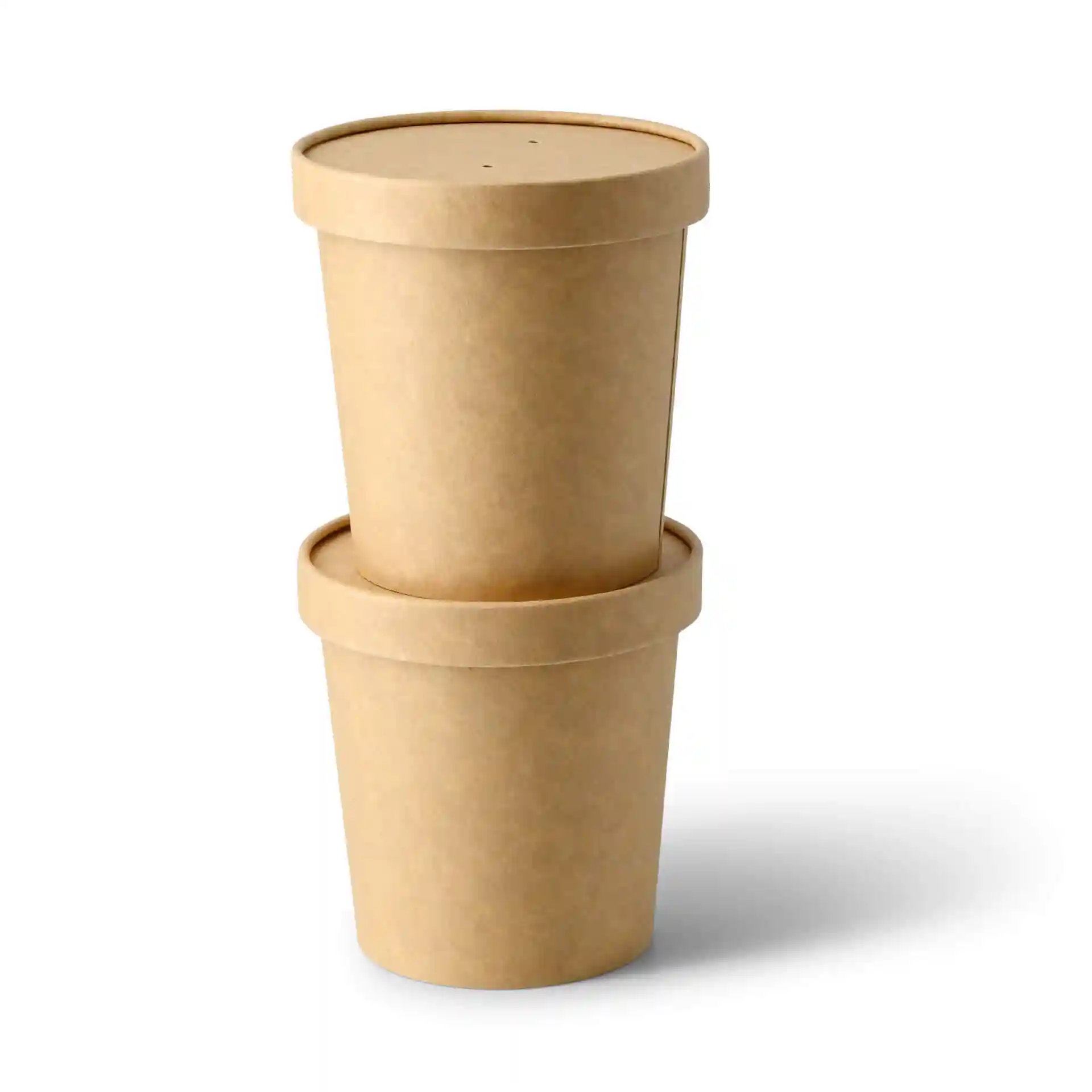 Bruine kartonnen takeaway-soepcontainer met deksel, twee hoog gestapeld, ronde vorm, 16 oz capaciteit.