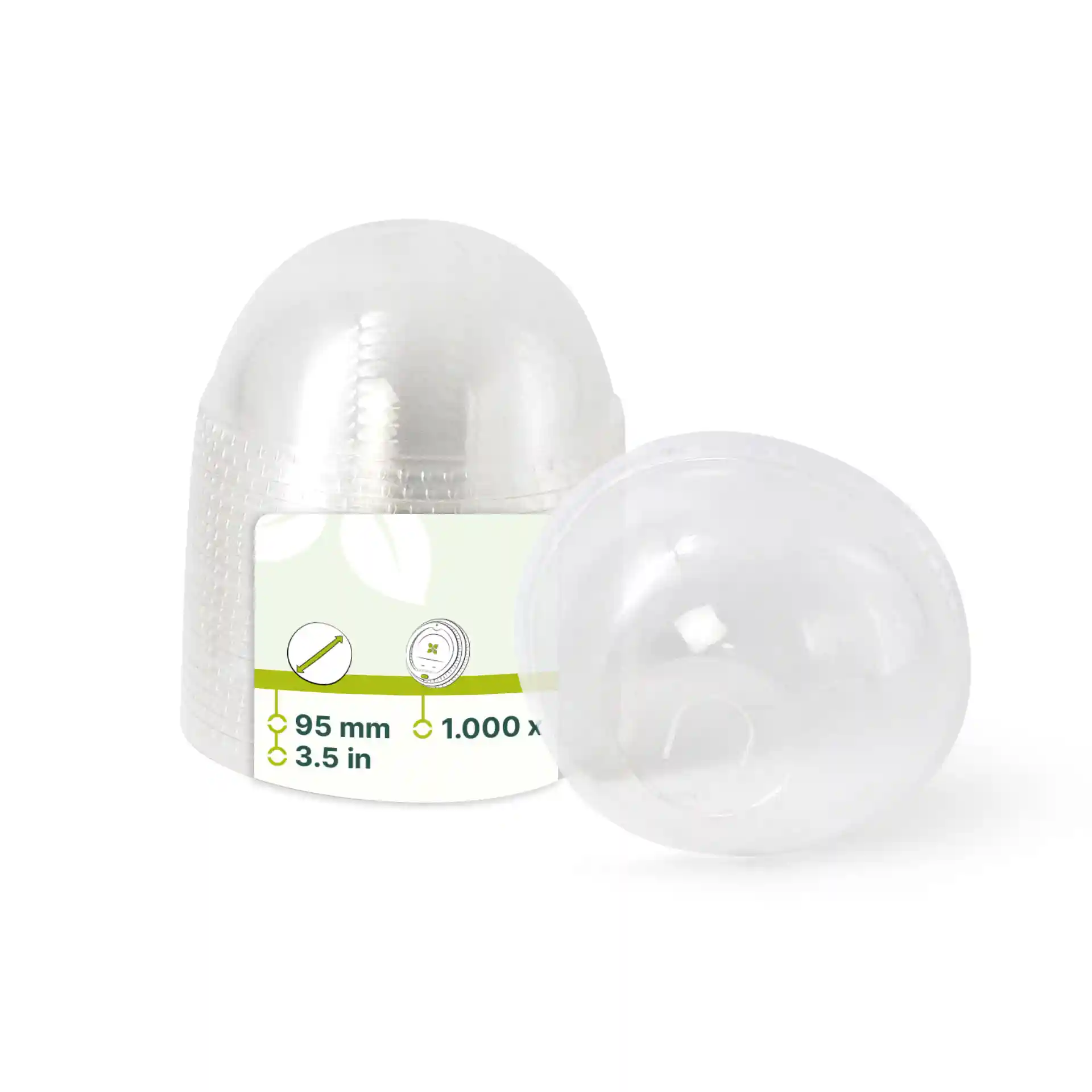 Duidelijk PLA-dome deksel met een rietjesopening, diameter 95 mm, naast een vergelijkbaar deksel geplaatst.